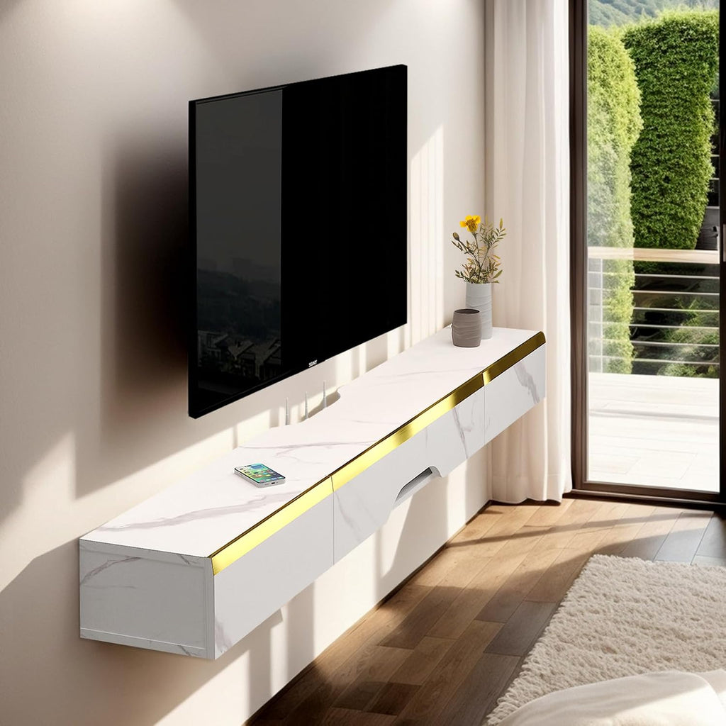Pmnianhua Floating TV Shelf with Drawers, 59'' Wall Mounted TV Console Entertainment Media Shelf with 2 Drawers and 1 Door for Bedroom Living Room (White)
