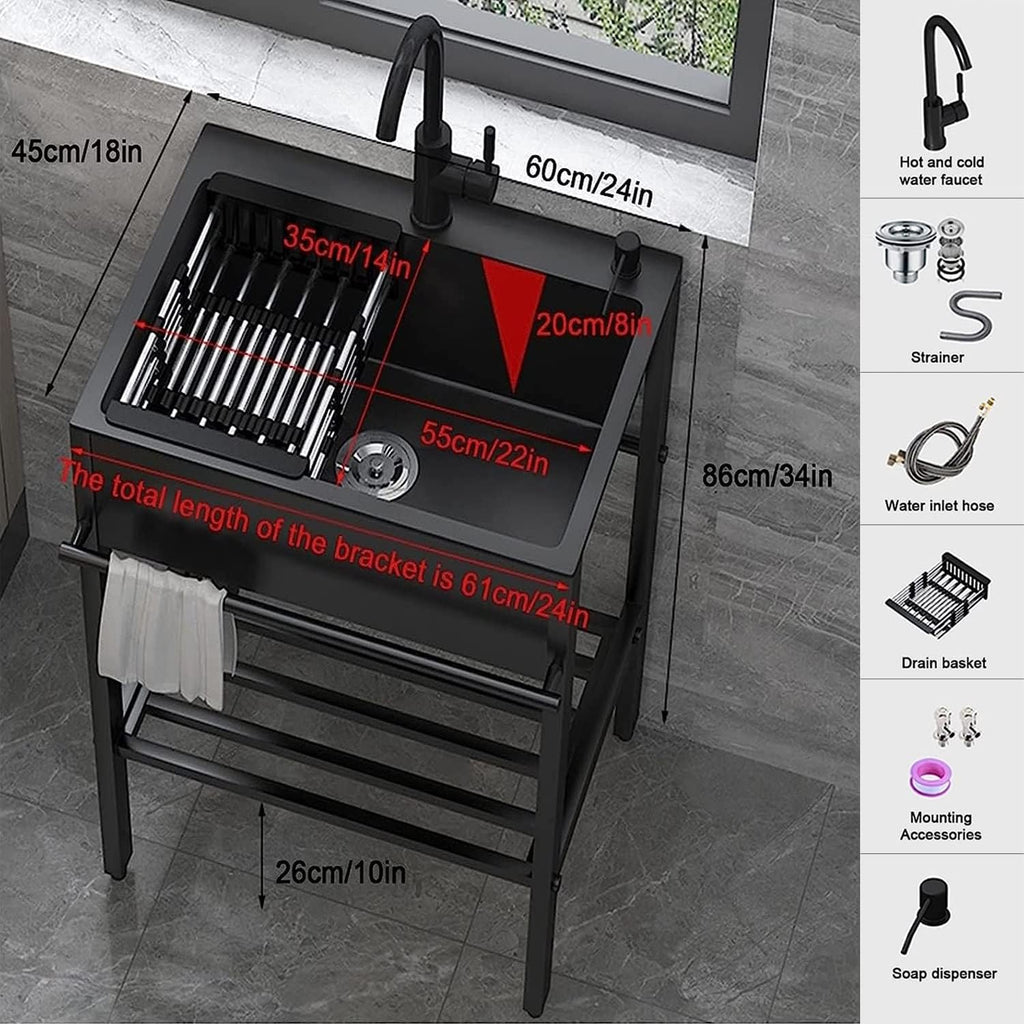 Stainless Steel Black Laundry Sink Utility Single Bowl Sink,Free Standing Commercial Restaurant Kitchen Sinks, w/Faucet, for Garage,Restaurant,Kitchen,Laund(60 * 45 * 86cm/23.6 * 17.7 * 33.8in