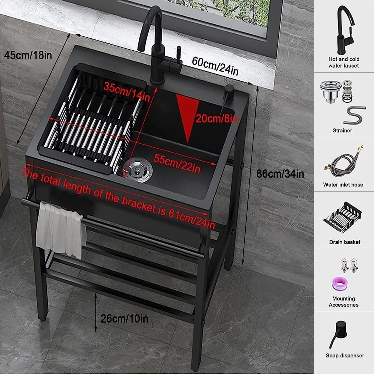 Stainless Steel Black Laundry Sink Utility Single Bowl Sink,Free Standing Commercial Restaurant Kitchen Sinks, w/Faucet, for Garage,Restaurant,Kitchen,Laund(60 * 45 * 86cm/23.6 * 17.7 * 33.8in