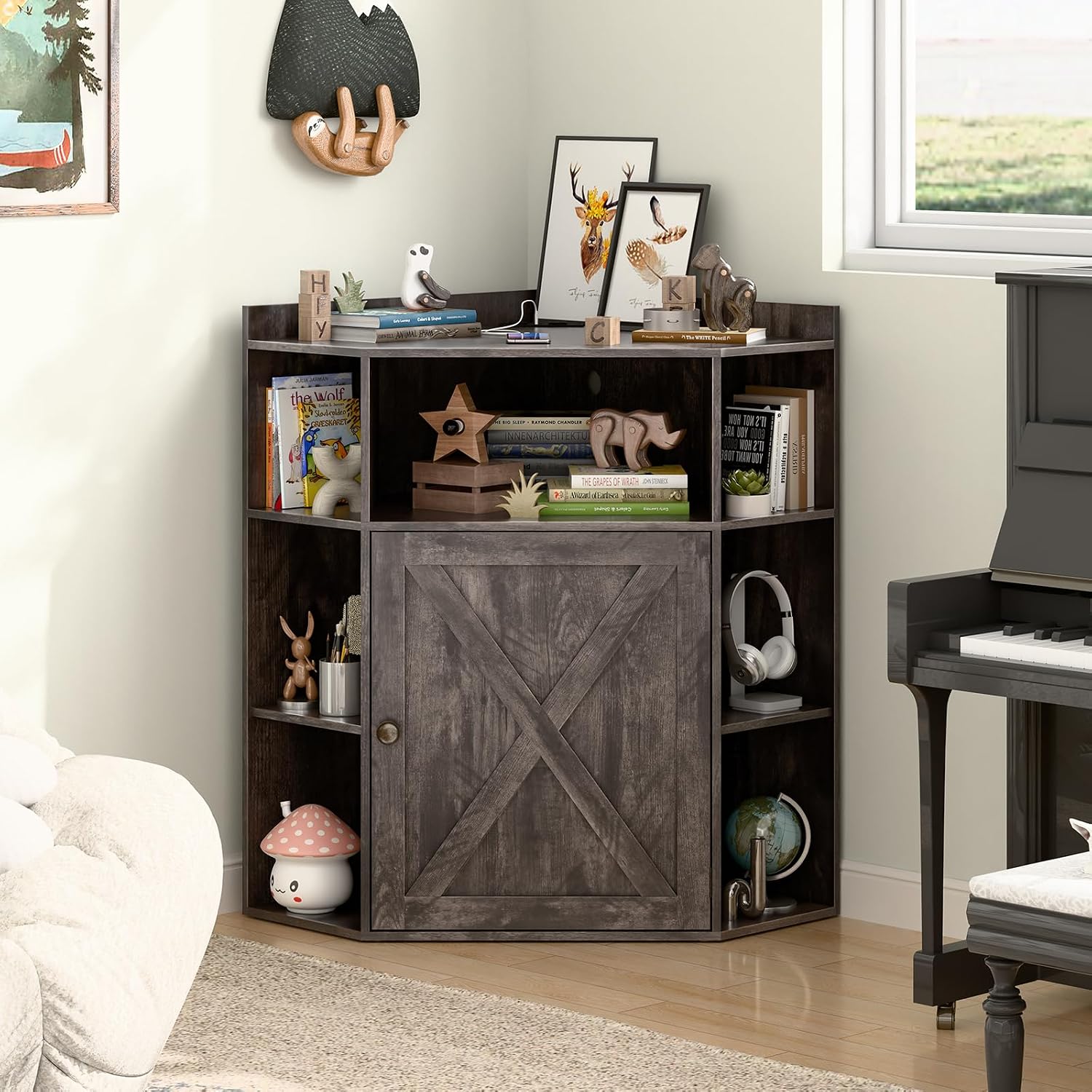 Halitaa Corner Storage Cabinet, Farmhouse Corner Bookshelf with Storage 6-Cubby Wooden Cabinet with USB Ports and Outlets Industrial Organizer for Small Space, Study, Playroom, Living Room