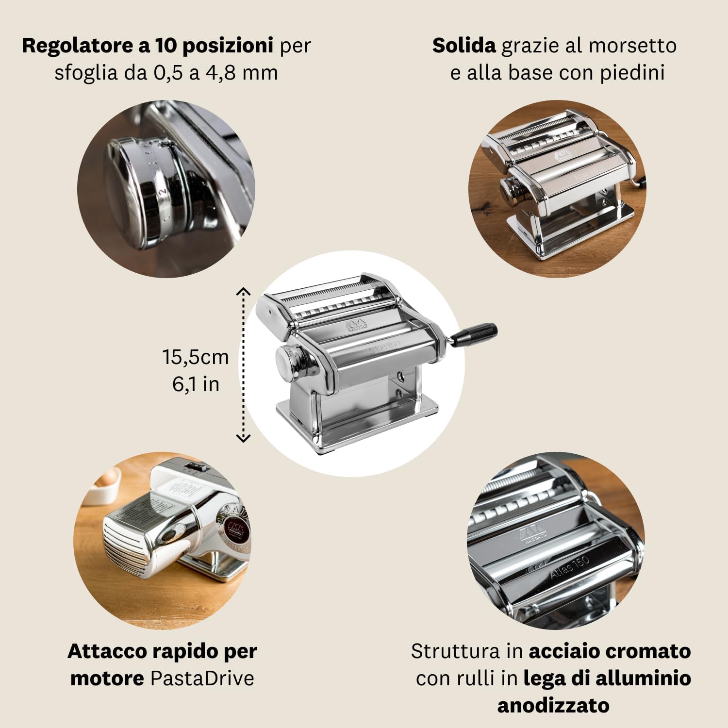 MARCATO Made in Italy Atlas 150 Classic Manual Pasta Maker Machine, Chrome Steel with Black Hand Crank. Makes Lasagna, Fettuccine & Tagliolini.