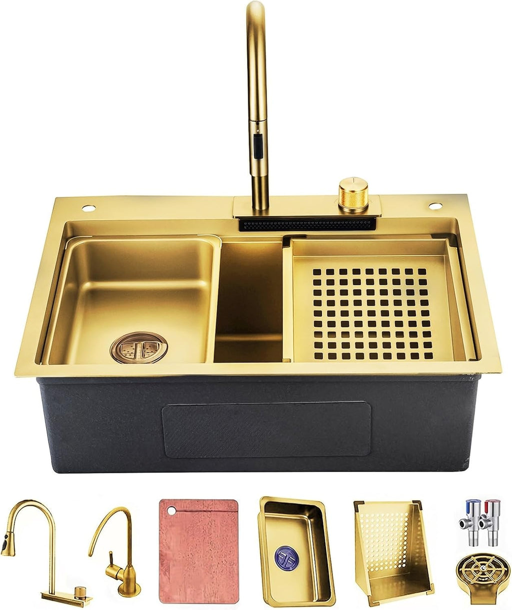 Gold Nano Kitchen Waterfall Sink Set With Multi-Function Pull-Out Faucet Complete Versatile Workstation Bar Prep Sink Bundle Deep Single Bowl Sink Space-saving Sink ( Color : Gold , Size : 68x45cm )