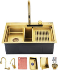 Gold Nano Kitchen Waterfall Sink Set With Multi-Function Pull-Out Faucet Complete Versatile Workstation Bar Prep Sink Bundle Deep Single Bowl Sink Space-saving Sink ( Color : Gold , Size : 68x45cm )
