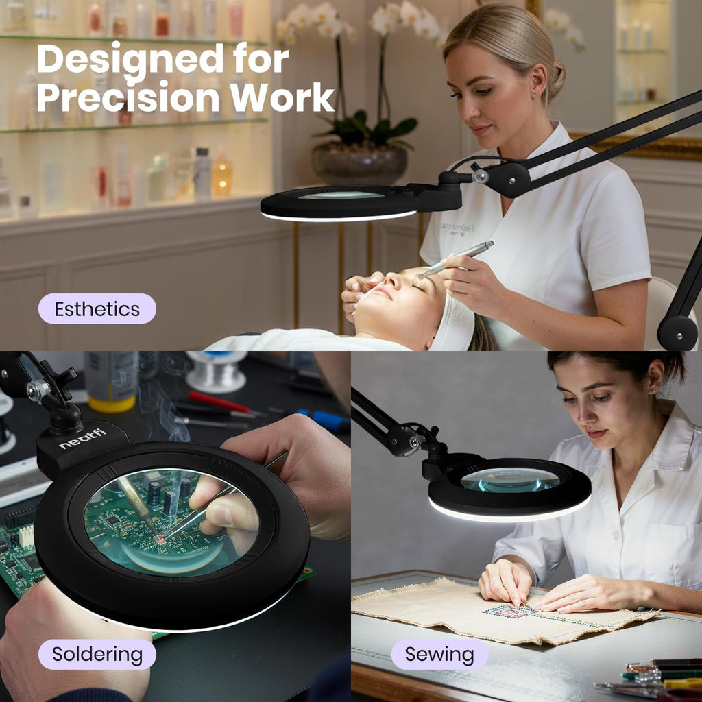Neatfi XL Bifocal LED Magnifying Lamp, 7' Acrylic Lens, 2.25X/6X Magnification, 1,600 Lumens Dimmable | Hands-Free Close Work | Crafting, Jewelry & Reading (Black, 7-inch Lens, Non-CCT with Clamp)