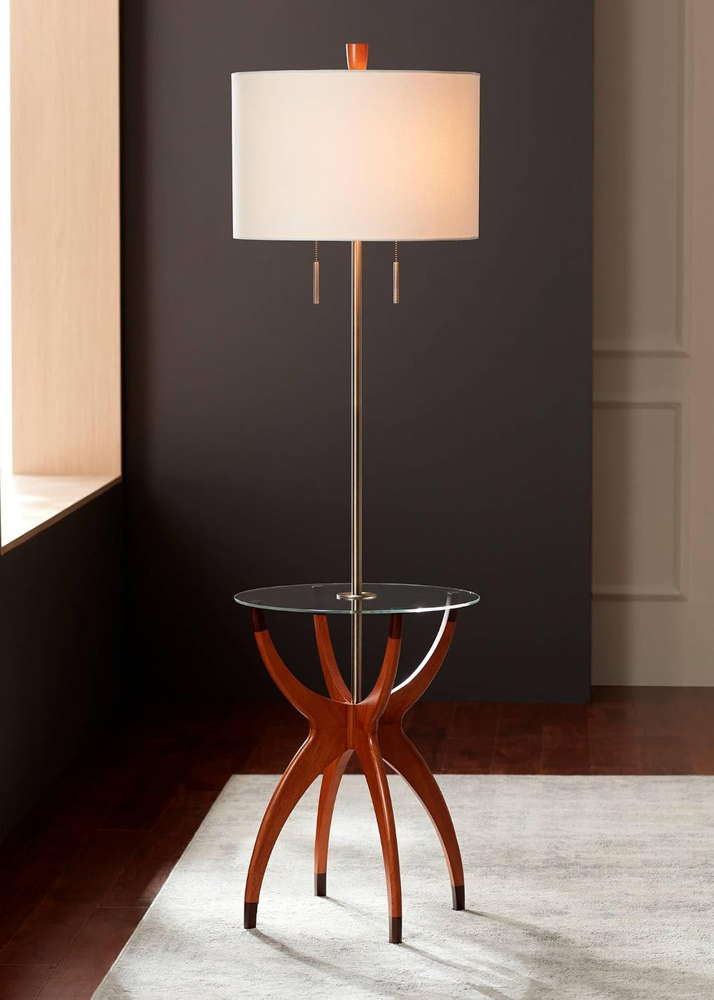 Possini Euro Design Vanguard Mid Century Modern 64' Tall Standing Floor Lamp Tray Table Pull Chain Brown Gold Wood Metal Brass Finish Living Room Bedroom House Reading Office Home Decor Entryway