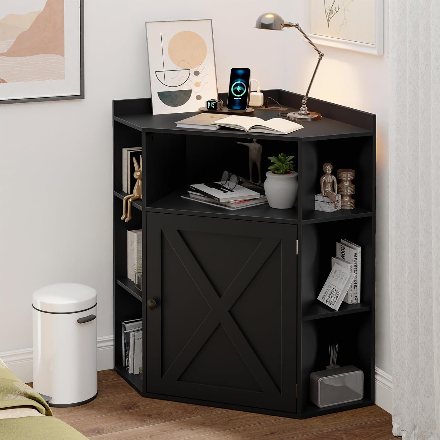 Halitaa Corner Storage Cabinet, Farmhouse Corner Bookshelf with Storage 6-Cubby Wooden Cabinet with USB Ports and Outlets Industrial Organizer for Small Space, Study, Playroom, Living Room, Black