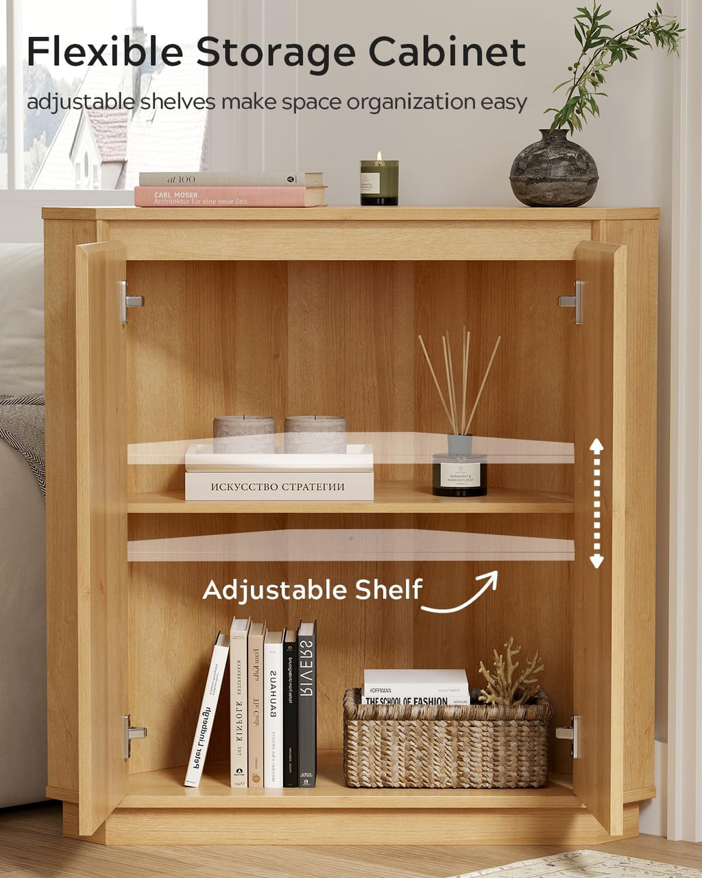 EYYTHUNG Corner Cabinet, Modern Handless Corner Floor Cabinet with 2 Doors and 2-Tier Shelves, Freestanding Narrow Organizer for Living Room Kitchen Bathroom, Natural Oak