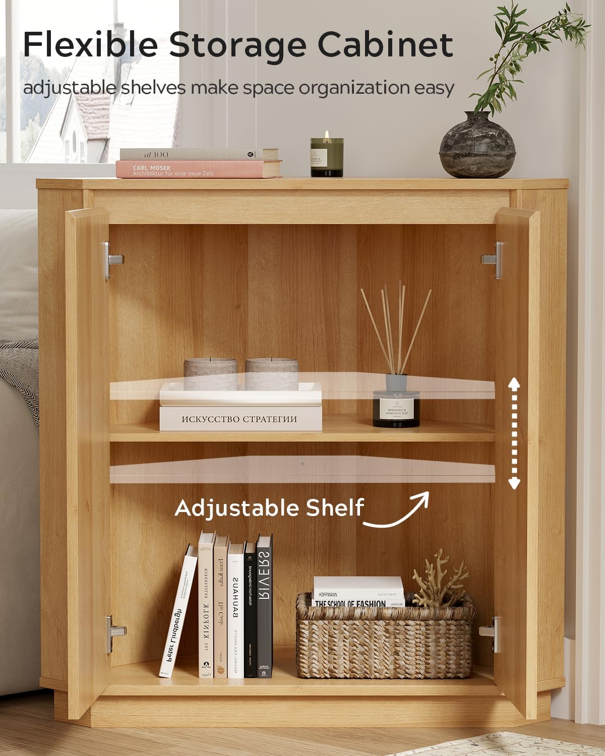 EYYTHUNG Corner Cabinet, Modern Handless Corner Floor Cabinet with 2 Doors and 2-Tier Shelves, Freestanding Narrow Organizer for Living Room Kitchen Bathroom, Natural Oak