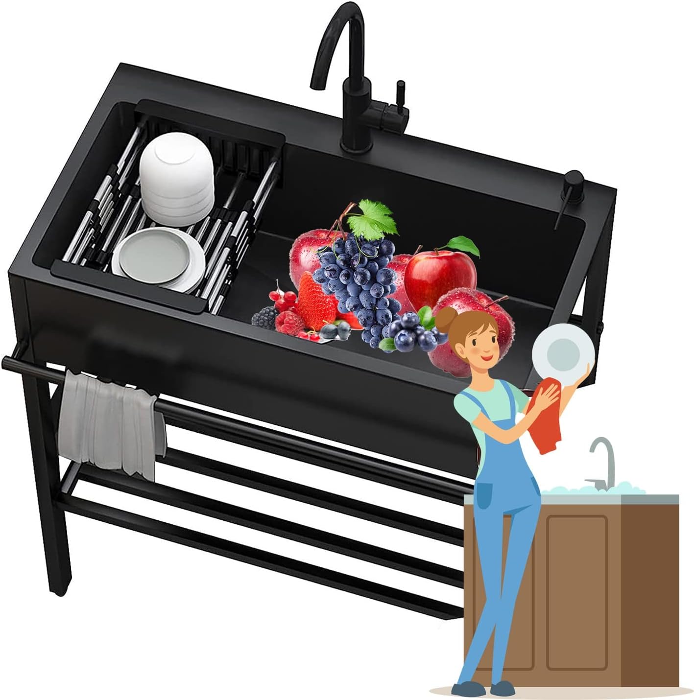 Free Standing Laundry Sink,Utility Single Bowl Sink,Commercial Stainless Steel Outdoor Sink,Kitchen Sink Set,Heavy Duty Floor Mounted Garage Wash Station w/(80 * 45 * 86cm/31.4 * 17.7 * 33.8in