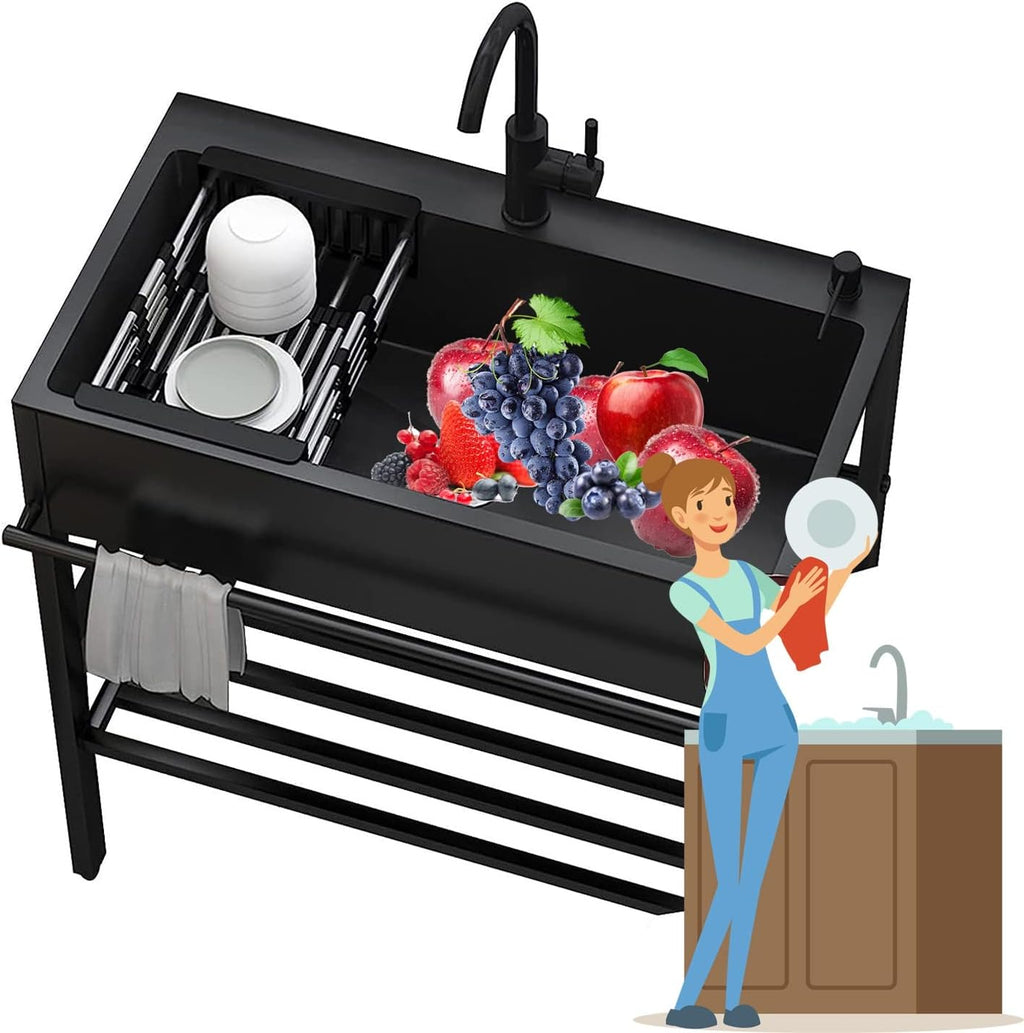 Free Standing Laundry Sink,Utility Single Bowl Sink,Commercial Stainless Steel Outdoor Sink,Kitchen Sink Set,Heavy Duty Floor Mounted Garage Wash Station w/(100*45*86cm/39.3*17.7*33.8in