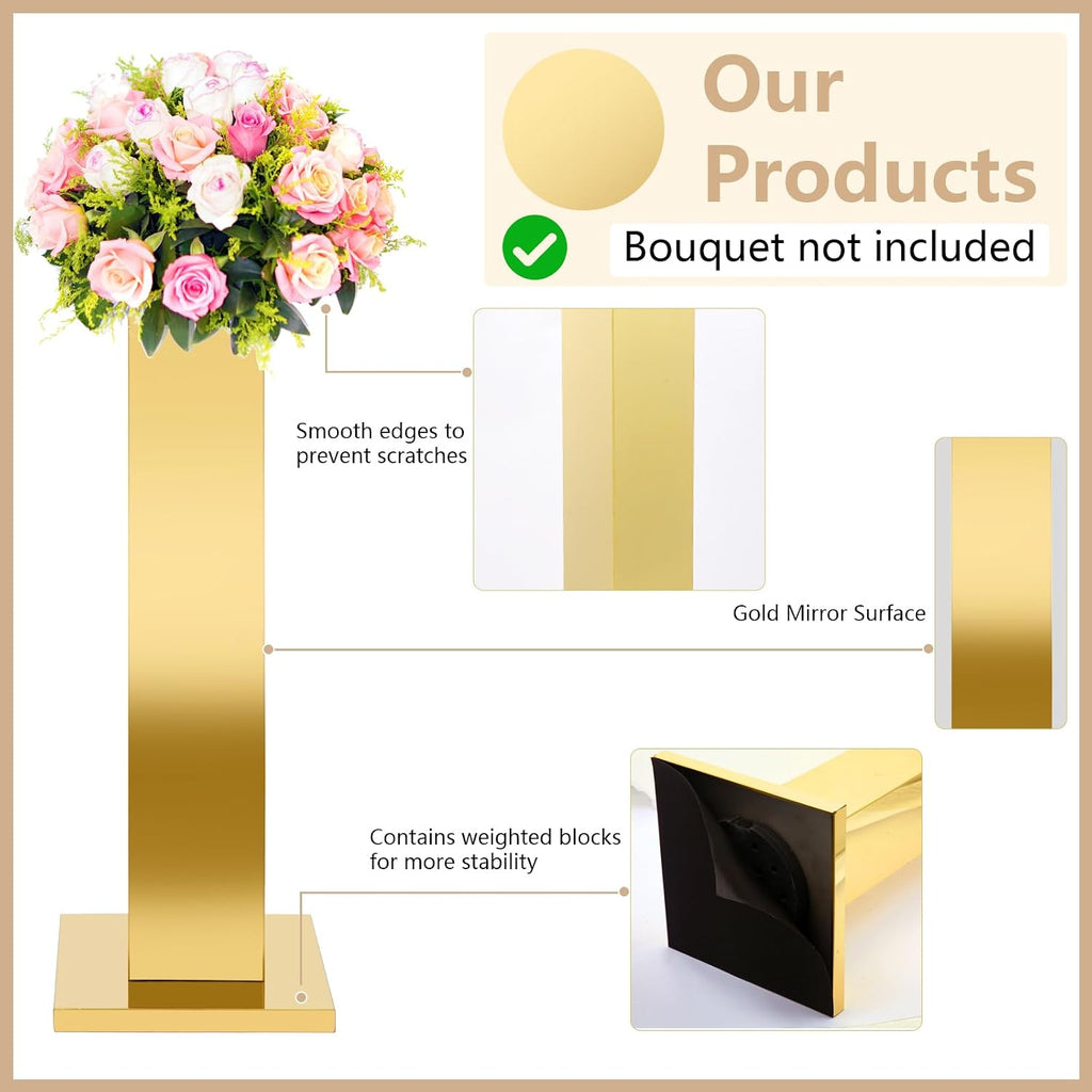 2PCS Tall Gold Vases for Centerpieces,31.5inch Stainless Steel Column Geometric Centerpieces Wedding Flower Stand Flower Floor Vase for Tables Wedding Anniversary Birthday Party Decor