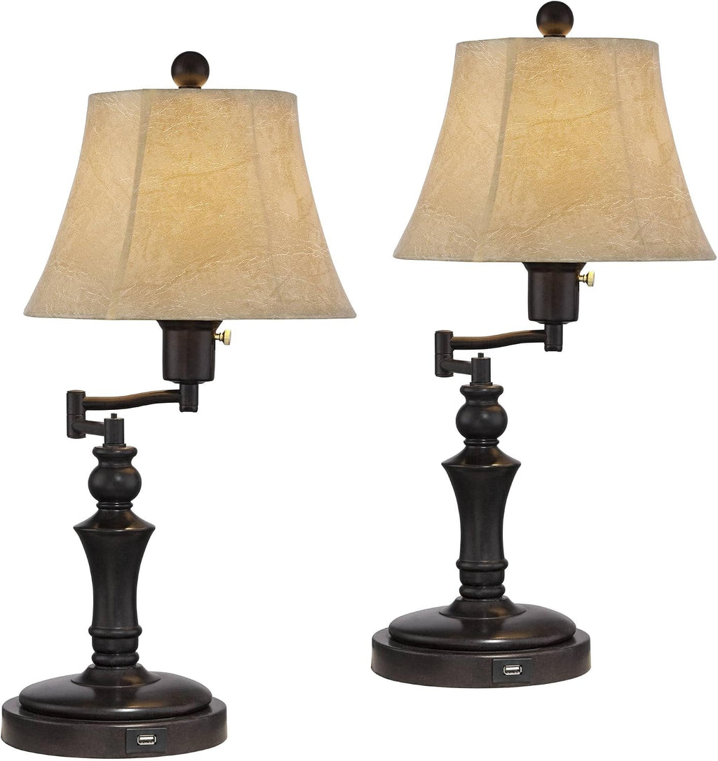 Regency Hill Corey 21 3/4' High Small Farmhouse Rustic Traditional Desk Lamps Set of 2 USB Port with Socket Swing Arm Brown Bronze Finish Metal Shade Home Office Living Room Charging Bedroom Bedside