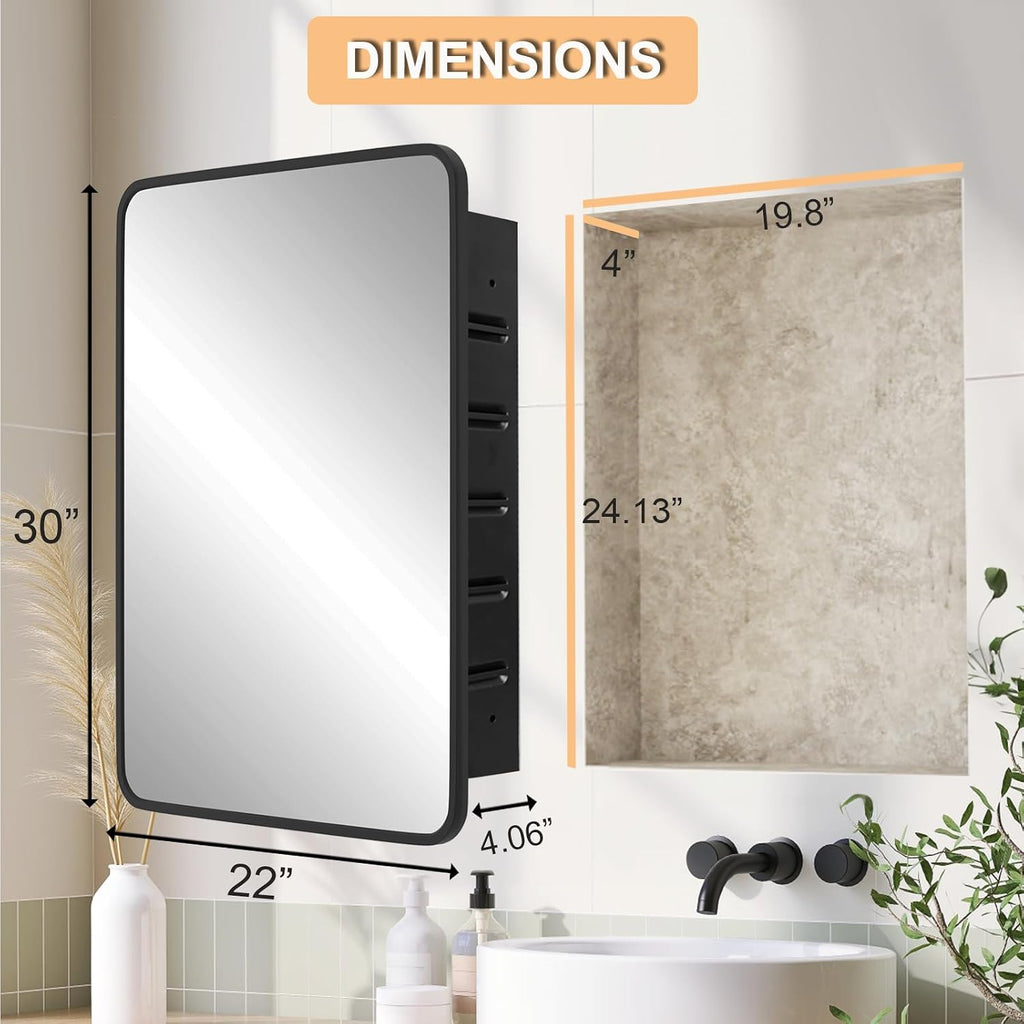 22'x30' Medicine Cabinet Mirror, Black Bathroom Cabinet with Mirror Wall-Mounted or Recessed, Bathroom Vanity Mirror with Storage, Solid Metal Frame, Adjustable Glass Shelves
