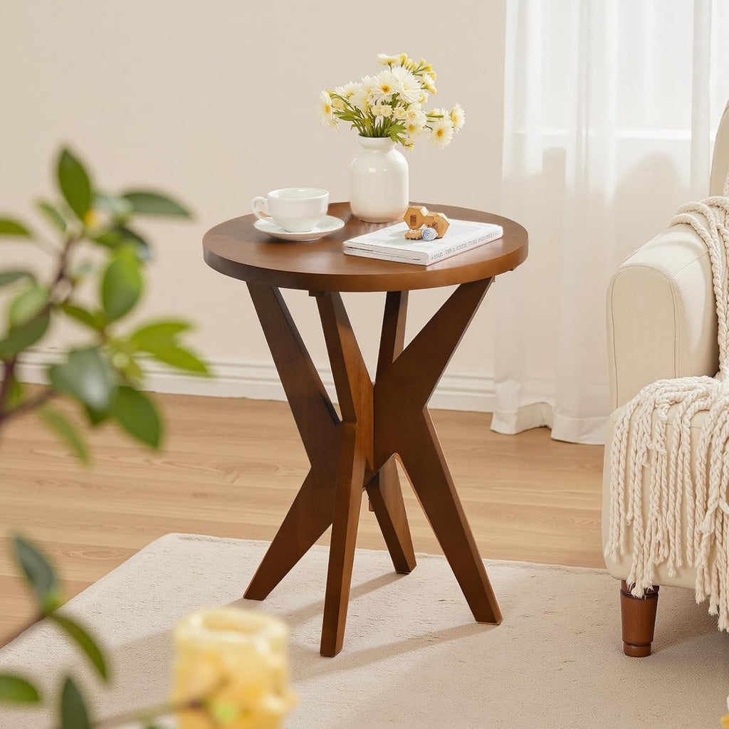 Ahokua Mid-Century Modern Round End Table Set of 2, Walnut Brown Farmhouse Side Tables with MDF Top and Crossed Legs for Living Room, Bedroom, or Small Spaces