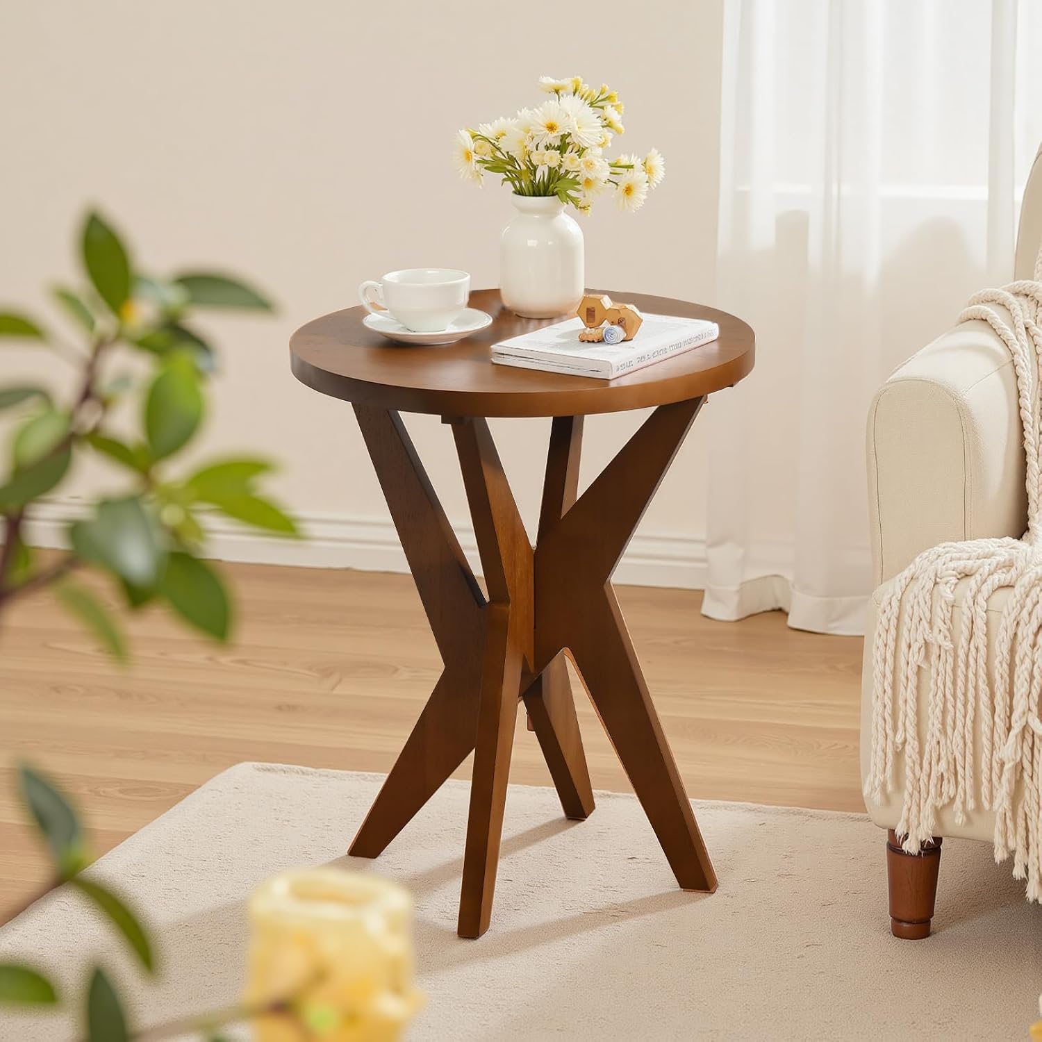 Ahokua Mid-Century Modern Round End Table Set of 2, Walnut Brown Farmhouse Side Tables with MDF Top and Crossed Legs for Living Room, Bedroom, or Small Spaces