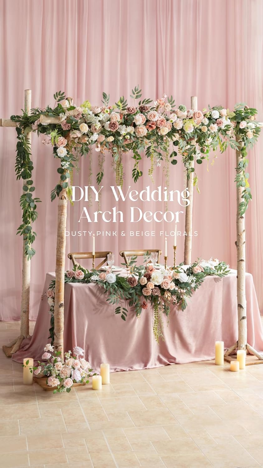 Ling's moment 9FT Spring Flower Garland for Backdrop Decorations - Wedding Arch Flowers, Eucalyptus & Rose, Artificial Floral Garland for Mantle - Sweetheart Table Decor for Reception, Dusty Rose