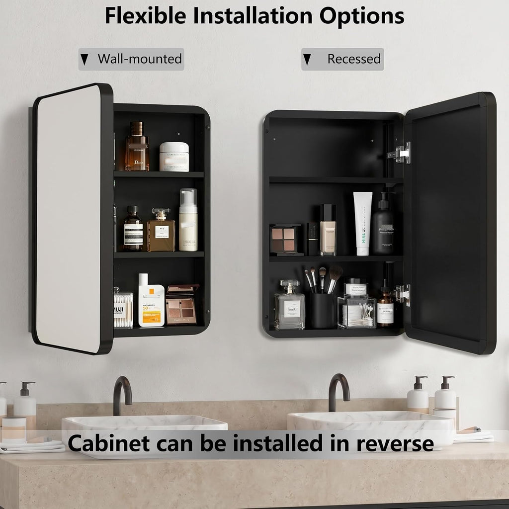 Bathroom Medicine Cabinet with 16'x26' Stainless Steel Framed Mirror,Recessed or Surface Mounted Bathroom Mirror Cabinet,Storage Cabinet for Bathrooms, Guest Rooms, Apartments, Farmhouse Decor