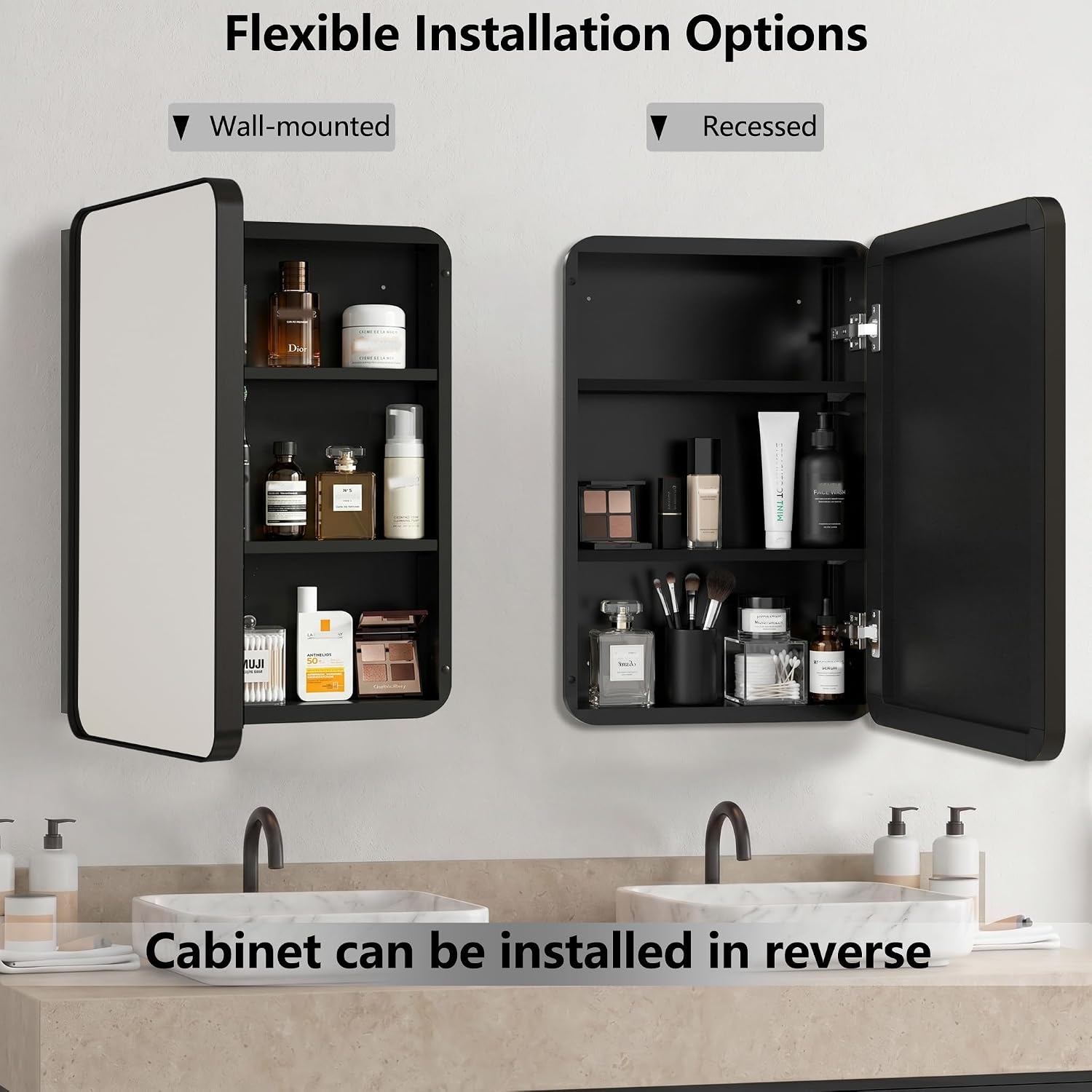 Bathroom Medicine Cabinet with 16'x26' Stainless Steel Framed Mirror,Recessed or Surface Mounted Bathroom Mirror Cabinet,Storage Cabinet for Bathrooms, Guest Rooms, Apartments, Farmhouse Decor