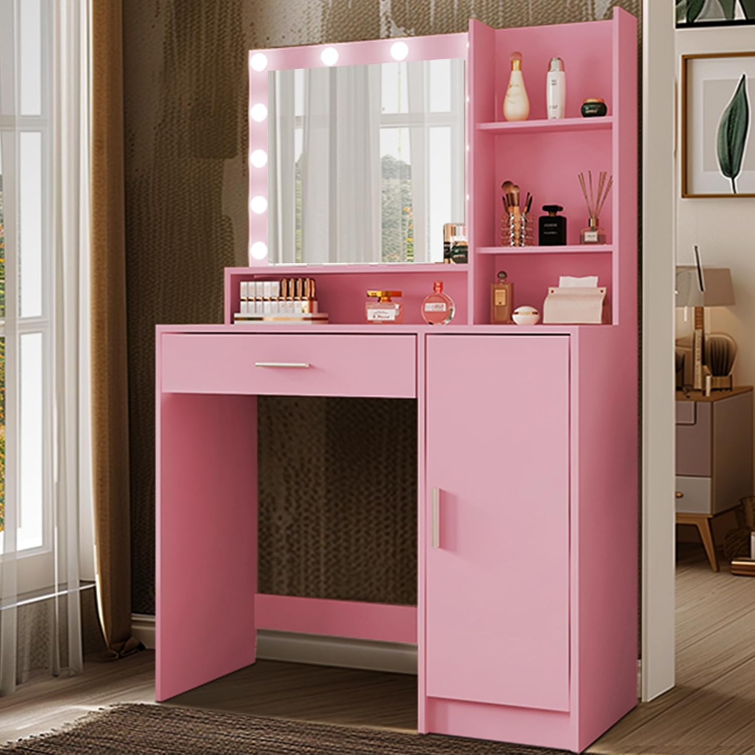 Palimder Vanity Desk with Mirror and Light, Large Drawer and Three Level Storage Dresser, 3 Lighting Modes Adjustable Brightness, Bedroom Dressing Table (Pink)