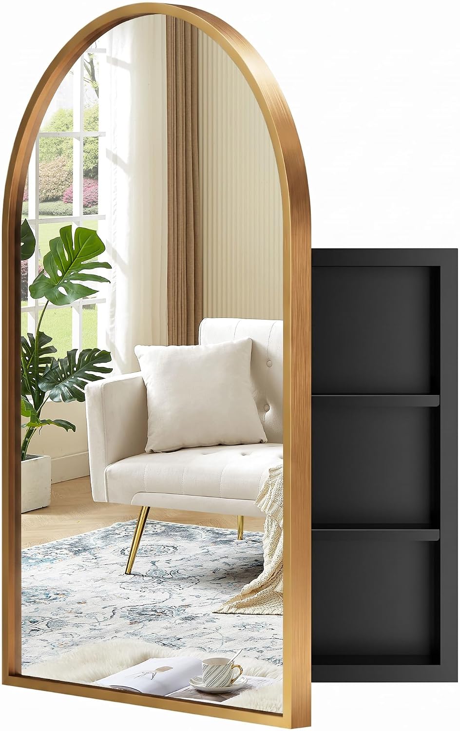 SogesPower 30'x20' Metal Medicine Cabinet with Mirror for Bathroom,Arched Recessed Medicine Cabinet with 2 Shelves, Wall-Mounted Bathroom Mirror with Storage,Gold