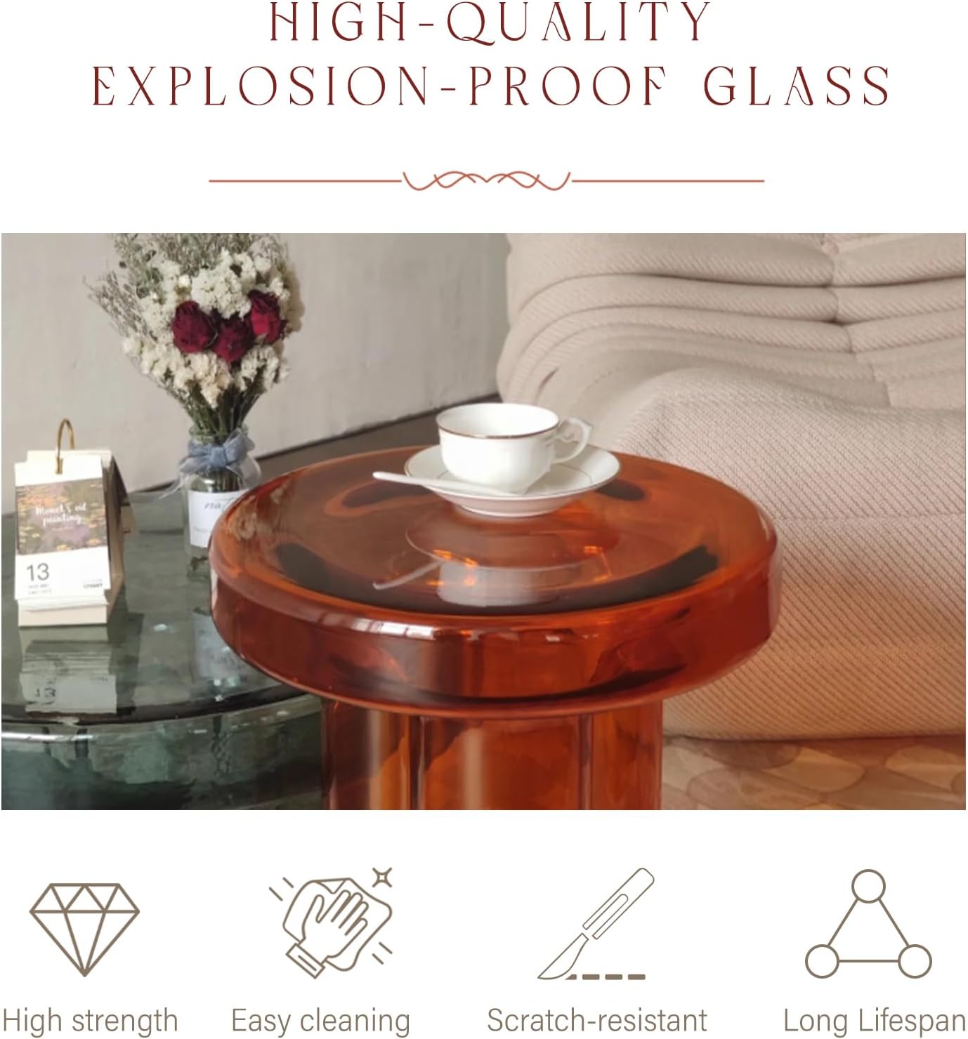 Coffee Table, Round Glass Side Table for Living Room, Modern Small End Table with Tempered Glass Top (Grey Green, 14.96') (Amber, 21.65in*12.6in)