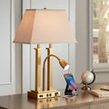 Possini Euro Design Deacon Modern Desk Table Lamp with USB and AC Power Outlet in Base LED Gooseneck 26' High Antique Brass Oatmeal Linen Drum Shade for Living Room Bedroom Bedside Nightstand