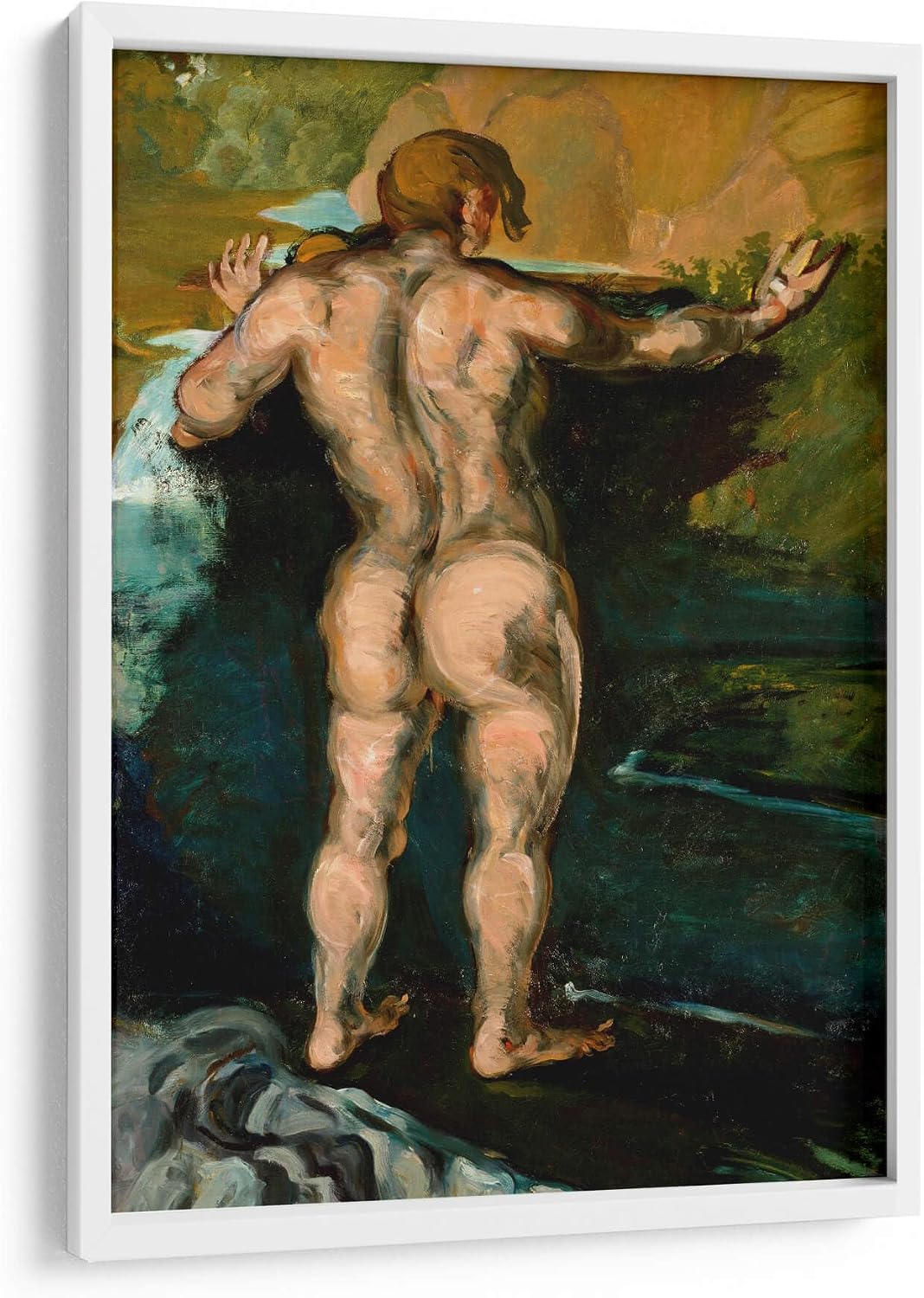 Canvas Lab | Bather and Rocks by Paul Cézanne | 15 x 23 in | Fine Art Framed Print, Frame Color: White | Classical art, Post Impressionism | Wall Decor for Bedroom, Living Room or Office