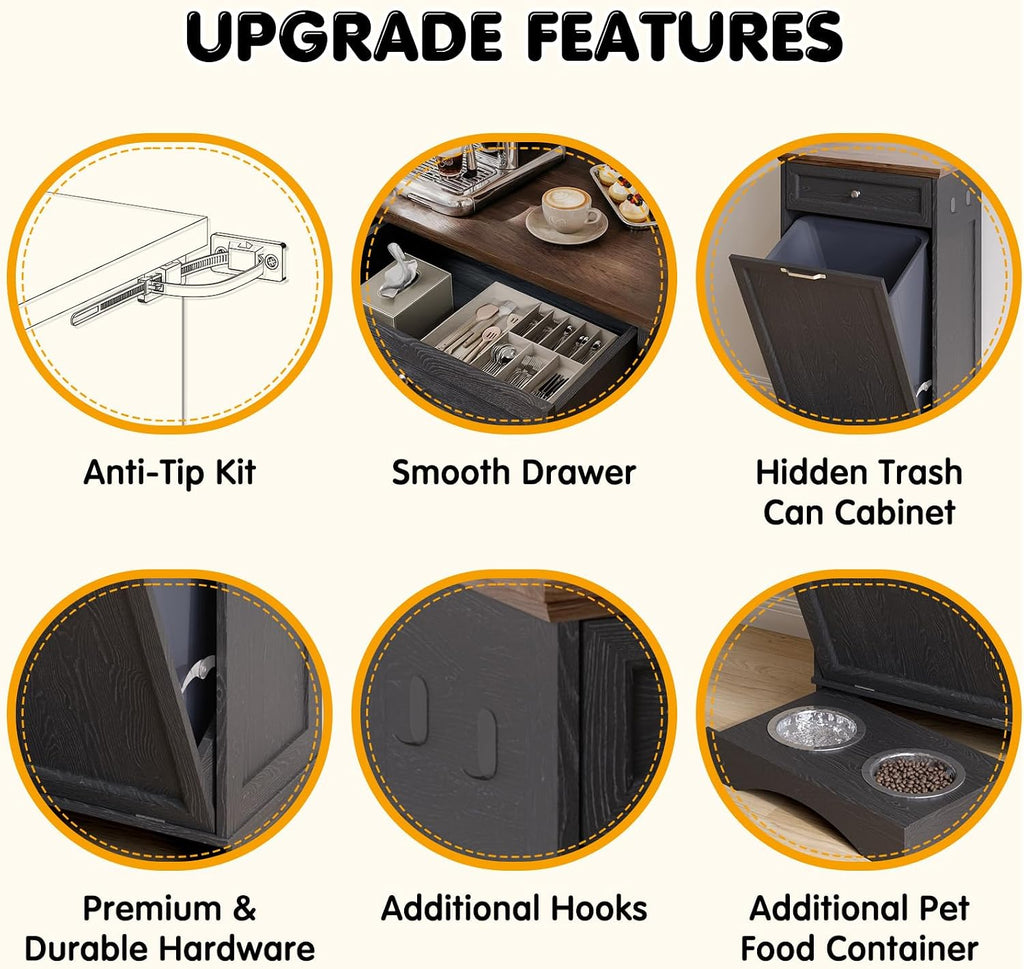 Tilt Out Trash Can Cabinet with Dog Bowl, 10 Gallons Dog Feeding Station with Storage, Dog Food Cabinet with Hideaway Drawer for Kitchen, Living Room,Laundry Room