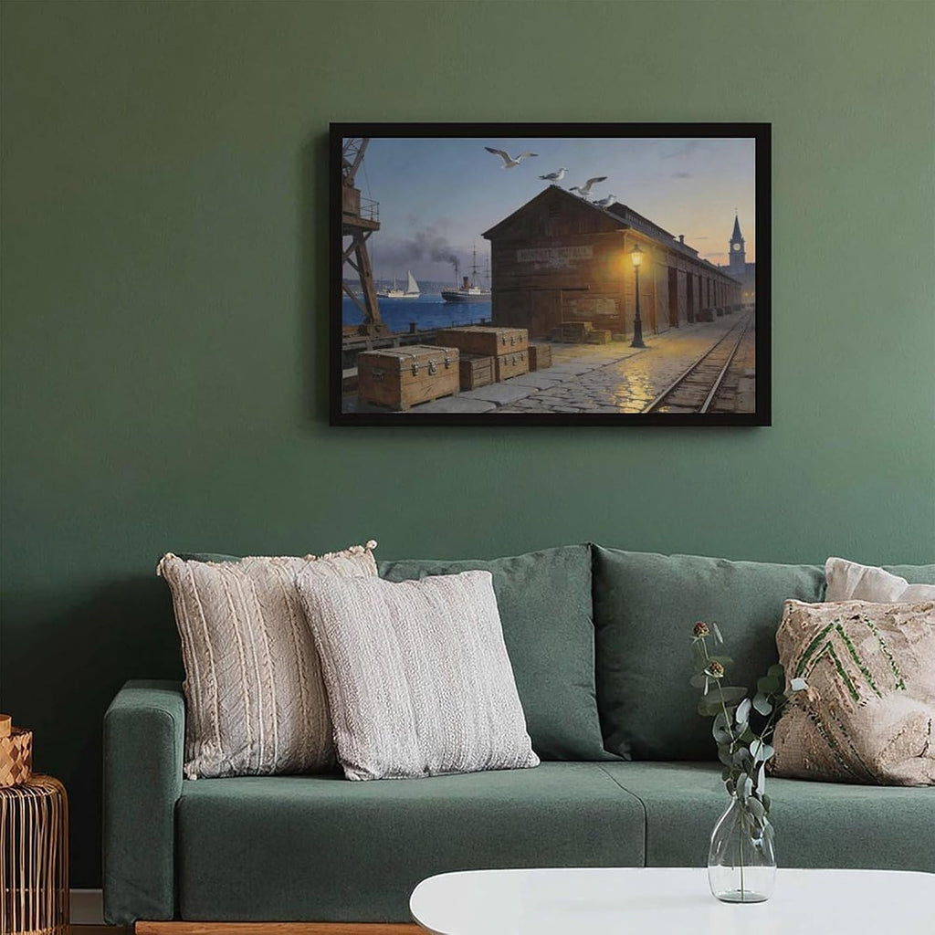 Coastal Harbor Pier Wall Art Canvas Print, Sunset Dock Seagulls Vintage Maritime Painting, Nautical Wall Decor for Living Room Office Bedroom 24x36in