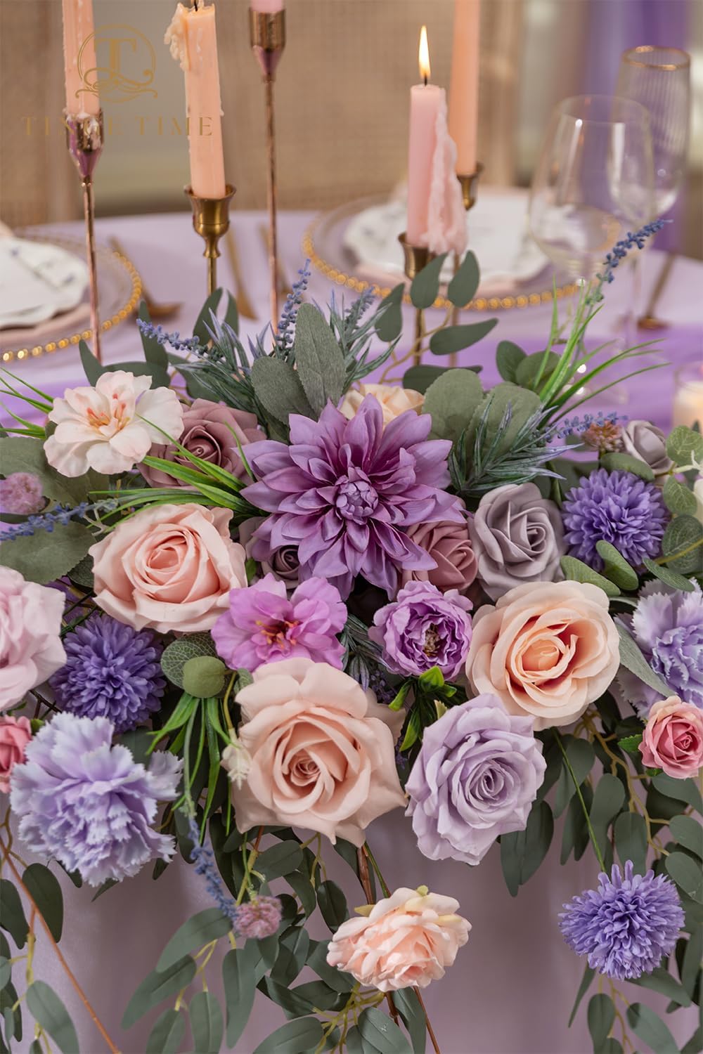 TINGE TIME Artificial Sweetheart Flower Swag with Tablecloth and Table Runner, Pack of 3 Floral Arrangement for Wedding Sweetheart Table Centerpiece Decoration (Violet & Misty Rose)