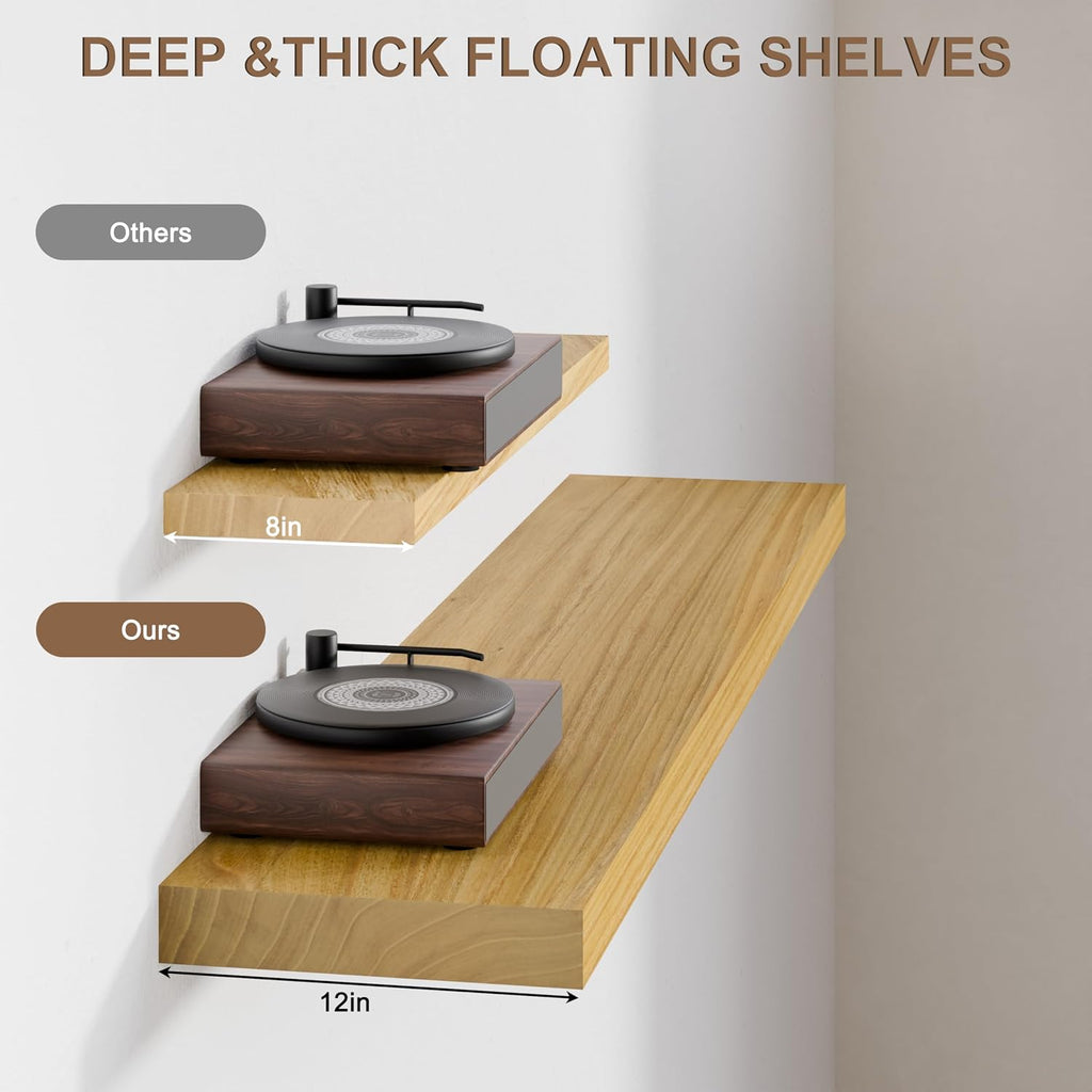 48 Inch Extra Long Floating Shelves, Set of 2 Deep Floating Shelves 12in Depth, Floating Shelves Long Heavy Duty Wood Shelves for Wall, Solid Wood Sleek Light Brown