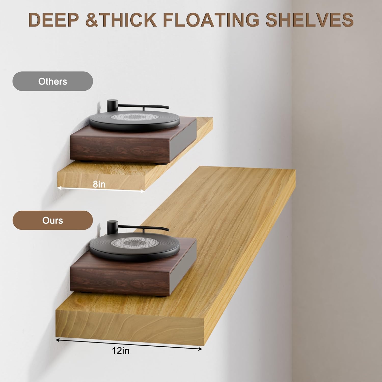 48 Inch Extra Long Floating Shelves, Set of 2 Deep Floating Shelves 12in Depth, Floating Shelves Long Heavy Duty Wood Shelves for Wall, Solid Wood Sleek Light Brown
