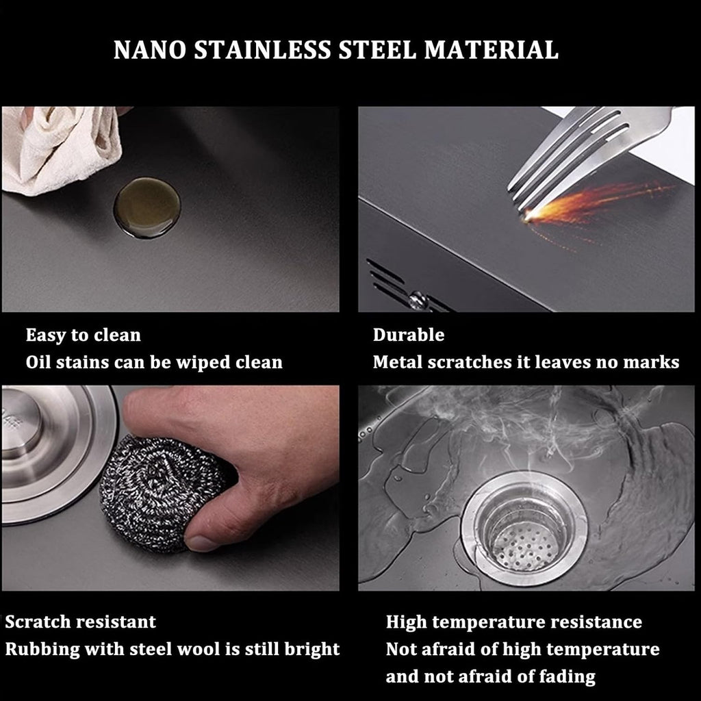 Kitchen Sinks,Stainless Steel Sink Single Bowl Sink, Kitchen Sink Pullout Faucet Includiglass Washer and Accessories/Black/50 * 45 * 20Cm (Black-50 * 45 * 20Cm