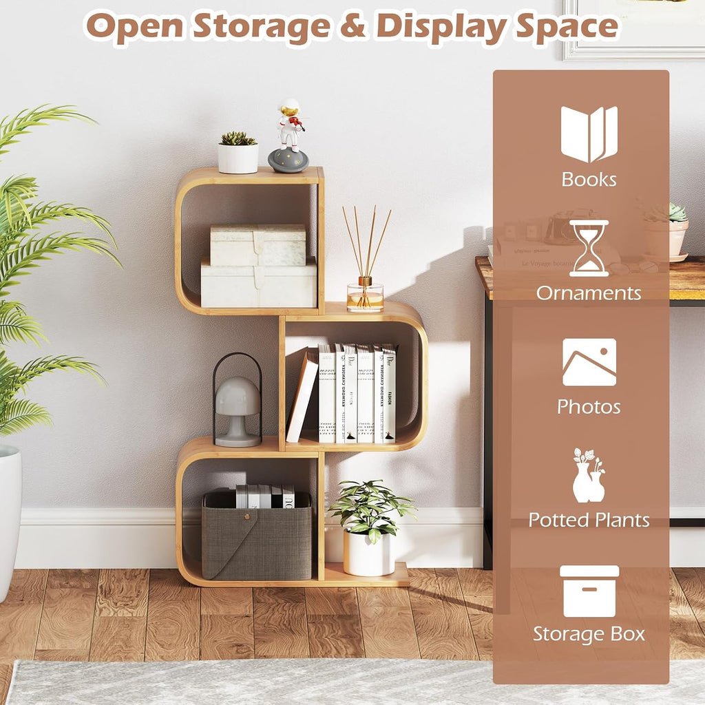 Giantex 3-Tier Bamboo Bookshelf Set of 2, S-Shaped Bookcase with 3 Open Cubes, Geometric Corner Display Shelf, Decorative Storage Organizer, Floor Storage Rack for Living Room, Home Office, Natural