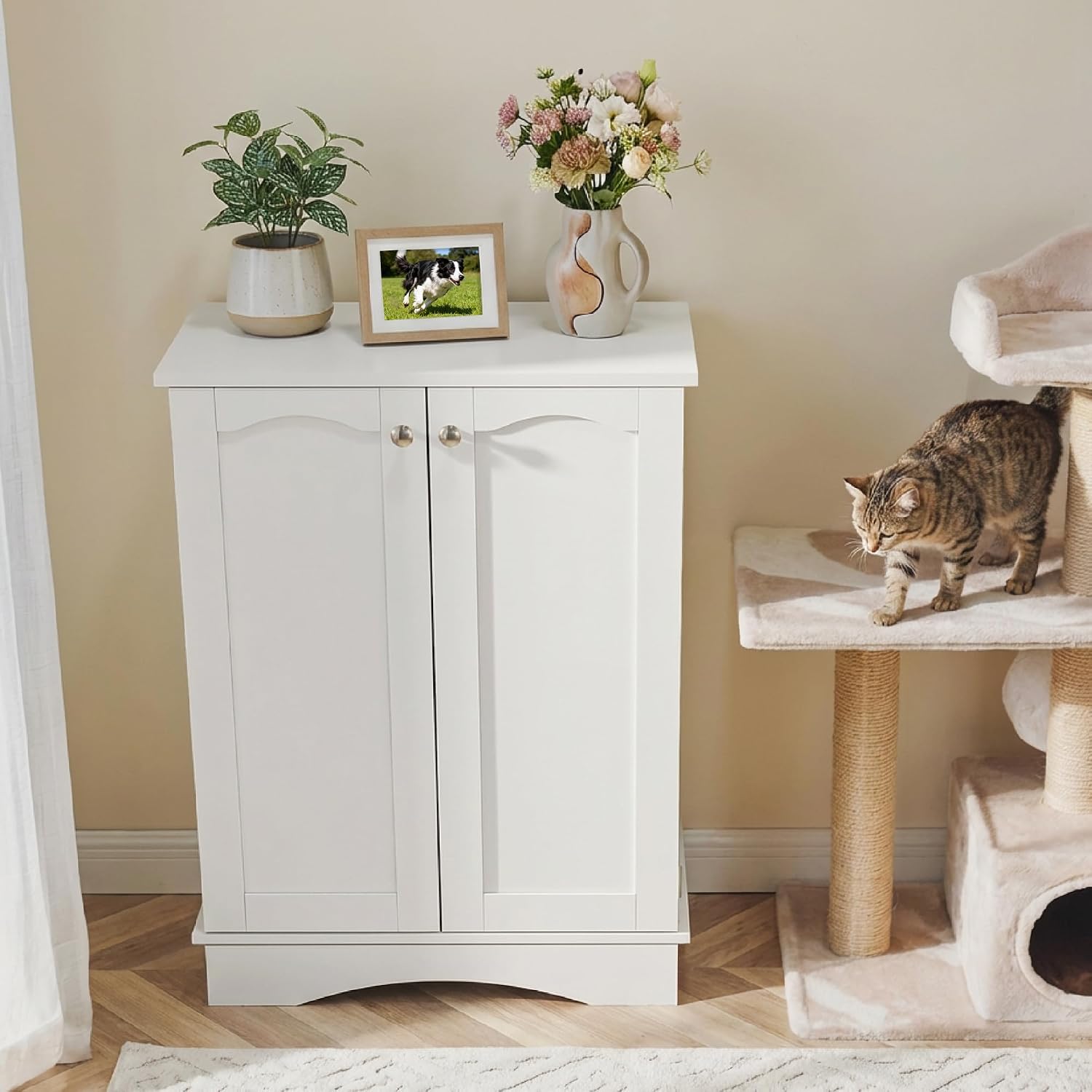 Hometis 23.5'(w) Dog Feeding Station with Storage, Dual Door Hung Storage, Hidden Feeding Bowls,(Off White)
