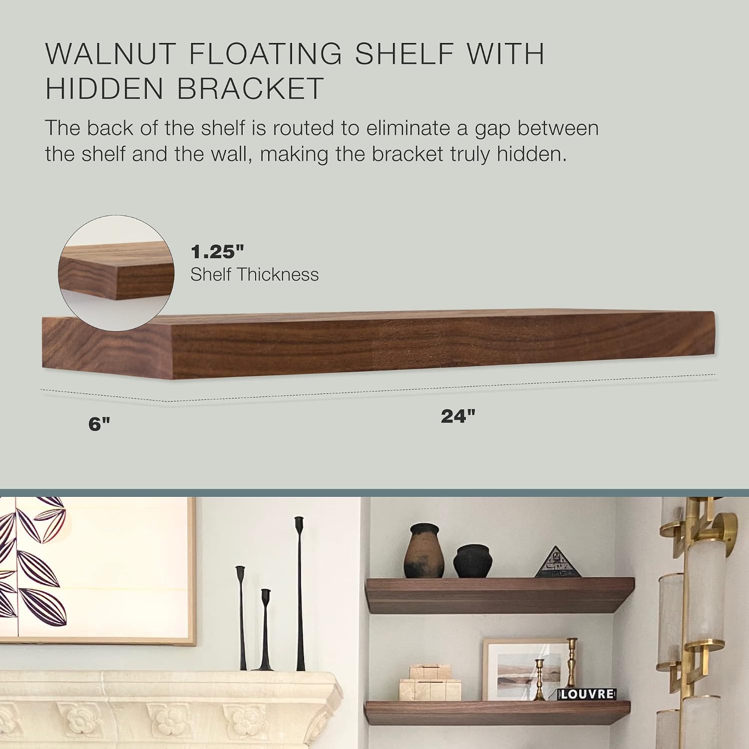 UltraShelf Solid Wood Floating Shelf for Wall Decor, Walnut, 24' Long x 6' Deep