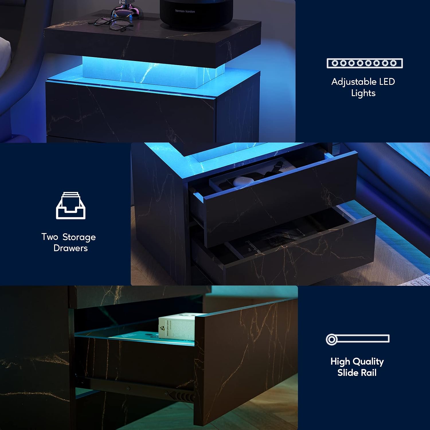 LED Nightstands Set of 2, Modern End Side Table with 2 Drawers, LED Bedroom Furniture for Bedroom and Living Room, Black Marble Pattern