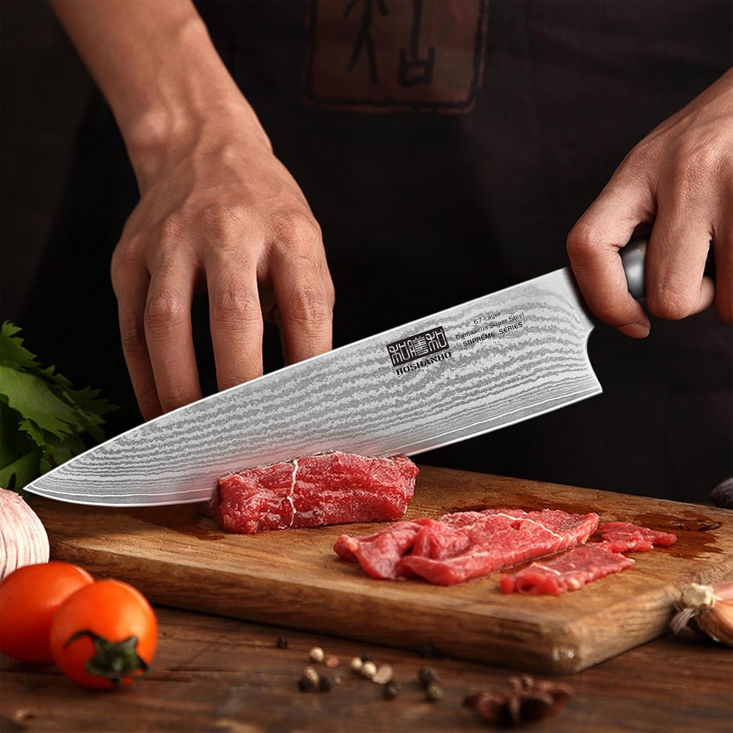 HOSHANHO Damascus Kitchen Knife Set 3-Piece, Ultra Sharp 8' Chef Knife, 7' Santoku Knife, 3.75' Paring Knife, Professional 10Cr15CoMoV Damascus Super Steel Chef Knife Set with Ergonomic Handle