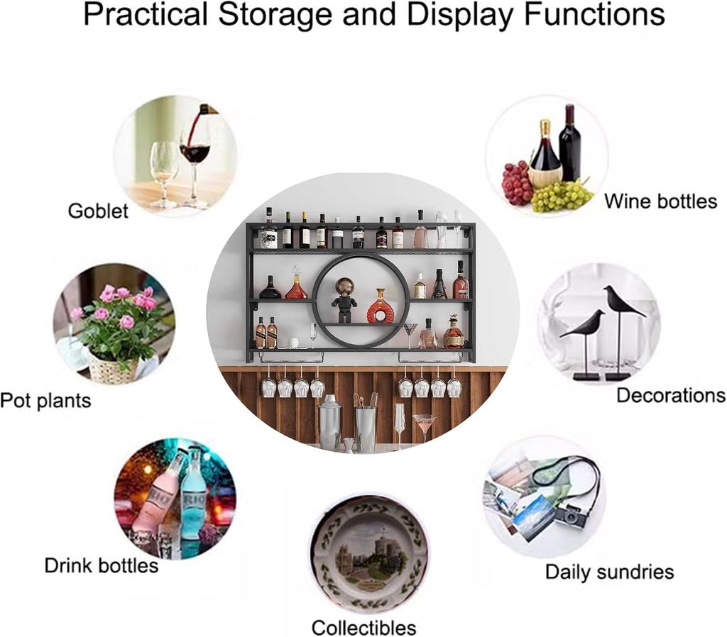 Wall Wine Rack with LED Light Bar Shelves Liquor Bottle Display Shelf Wall Mounted with Hanging Wine Glass Holder Rack Floating Bar Cabinet for Home Bar Dining Room Cafe Kitchen