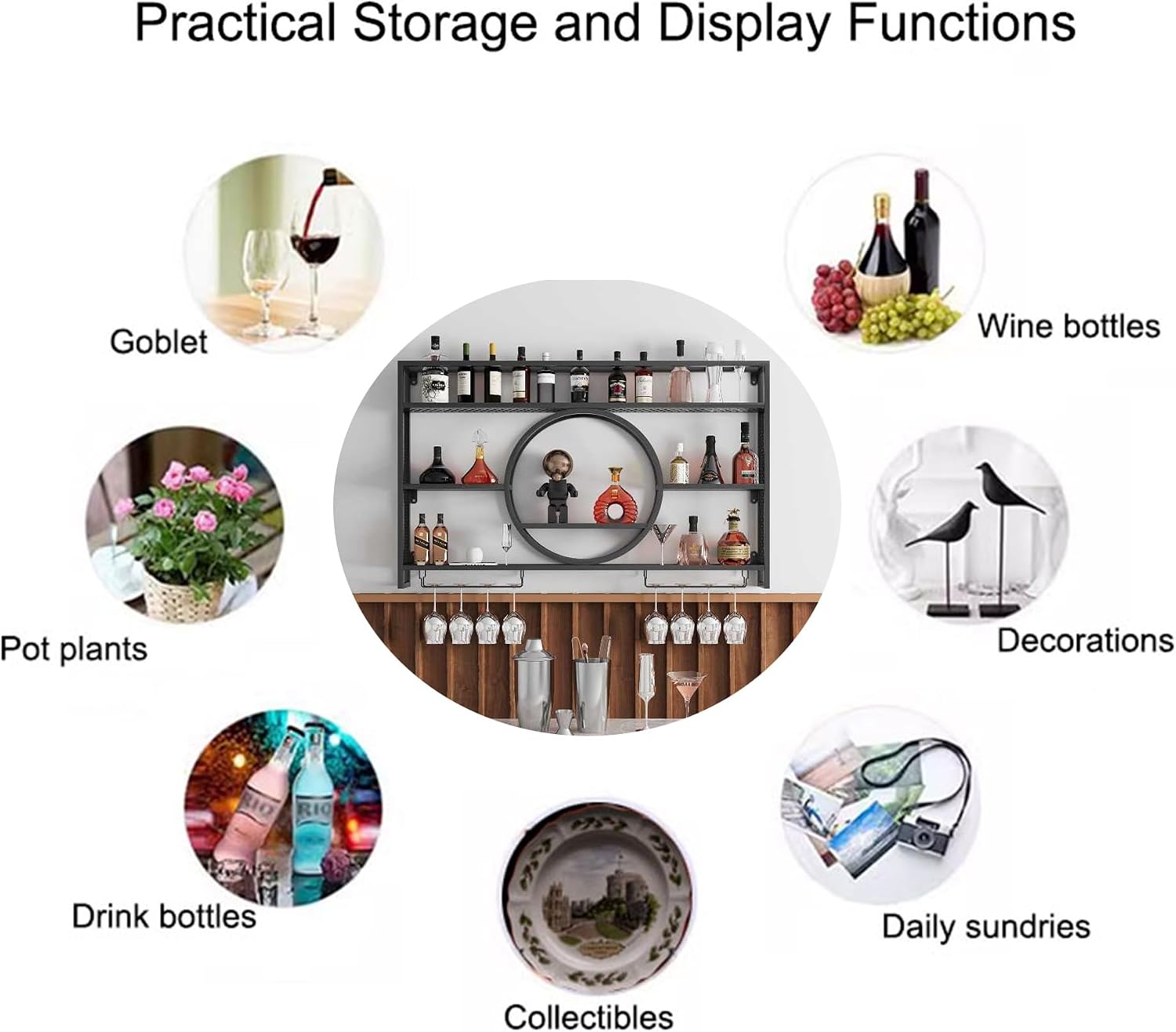 Wall Wine Rack with LED Light Bar Shelves Liquor Bottle Display Shelf Wall Mounted with Hanging Wine Glass Holder Rack Floating Bar Cabinet for Home Bar Dining Room Cafe Kitchen
