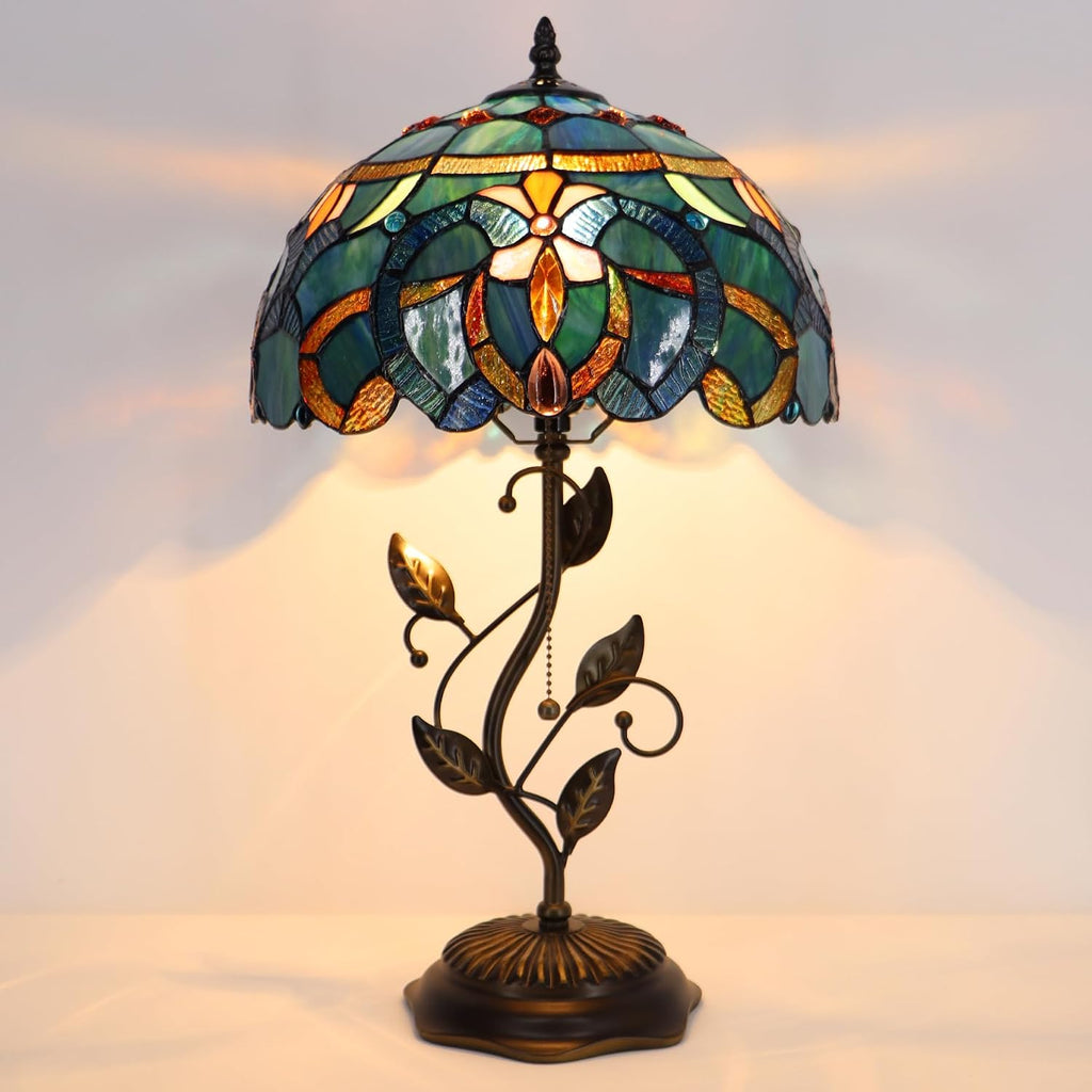 Tiffany Table Lamp, Stained Glass Desk Light, W12H19 Inch, Metal Leaf Base (Blue Baroque Style)