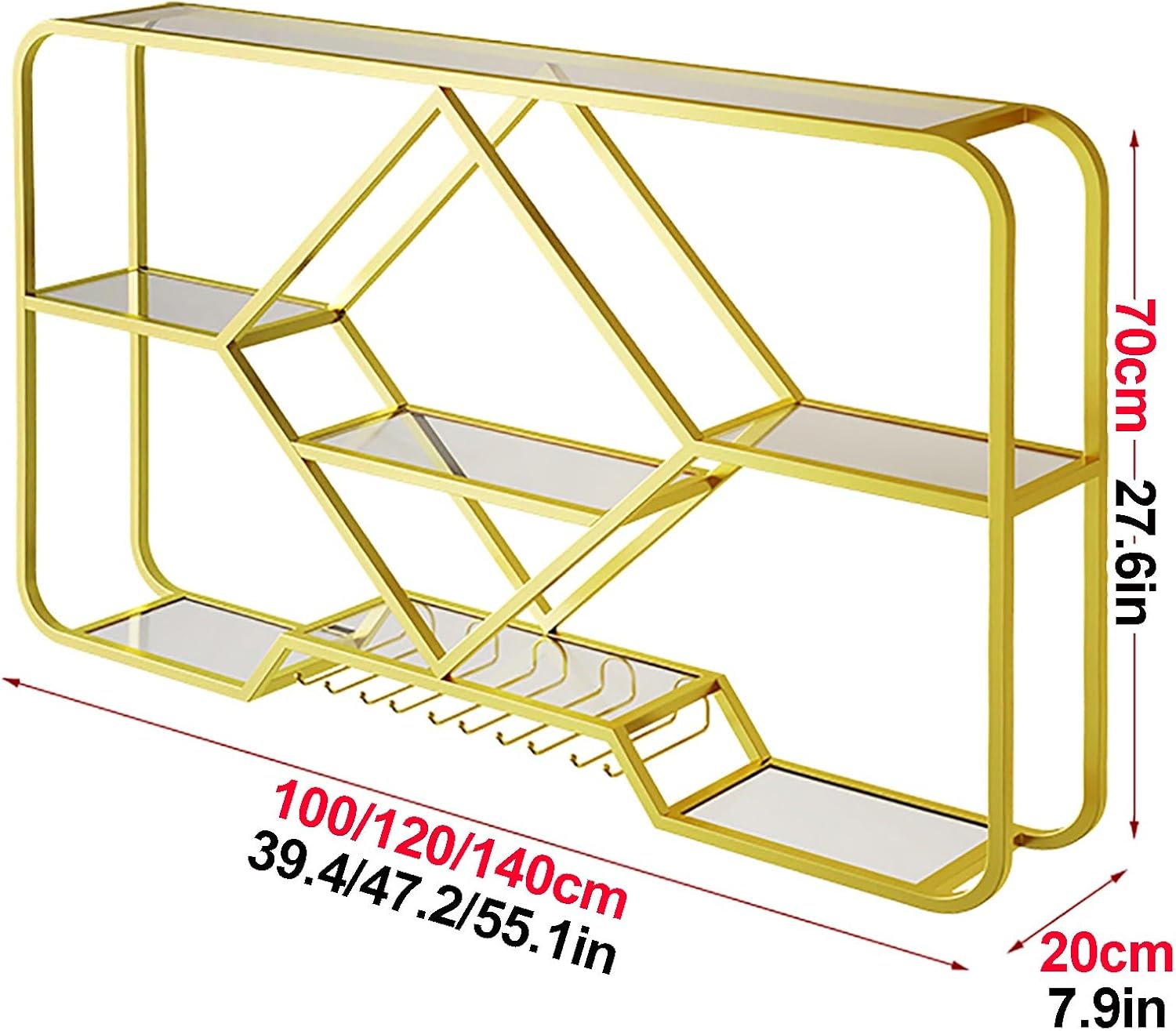 Wine Rack Wall Mounted, Floating Bar Kitchen Shelf Rack With Light Strip, Hanging Wine Glass Rack, Shelf Corner Bar Kitchen Shelf Rack, For Home Bar Dining Room Cafe Kitchen(Color:Gold,Size:120x70x20c