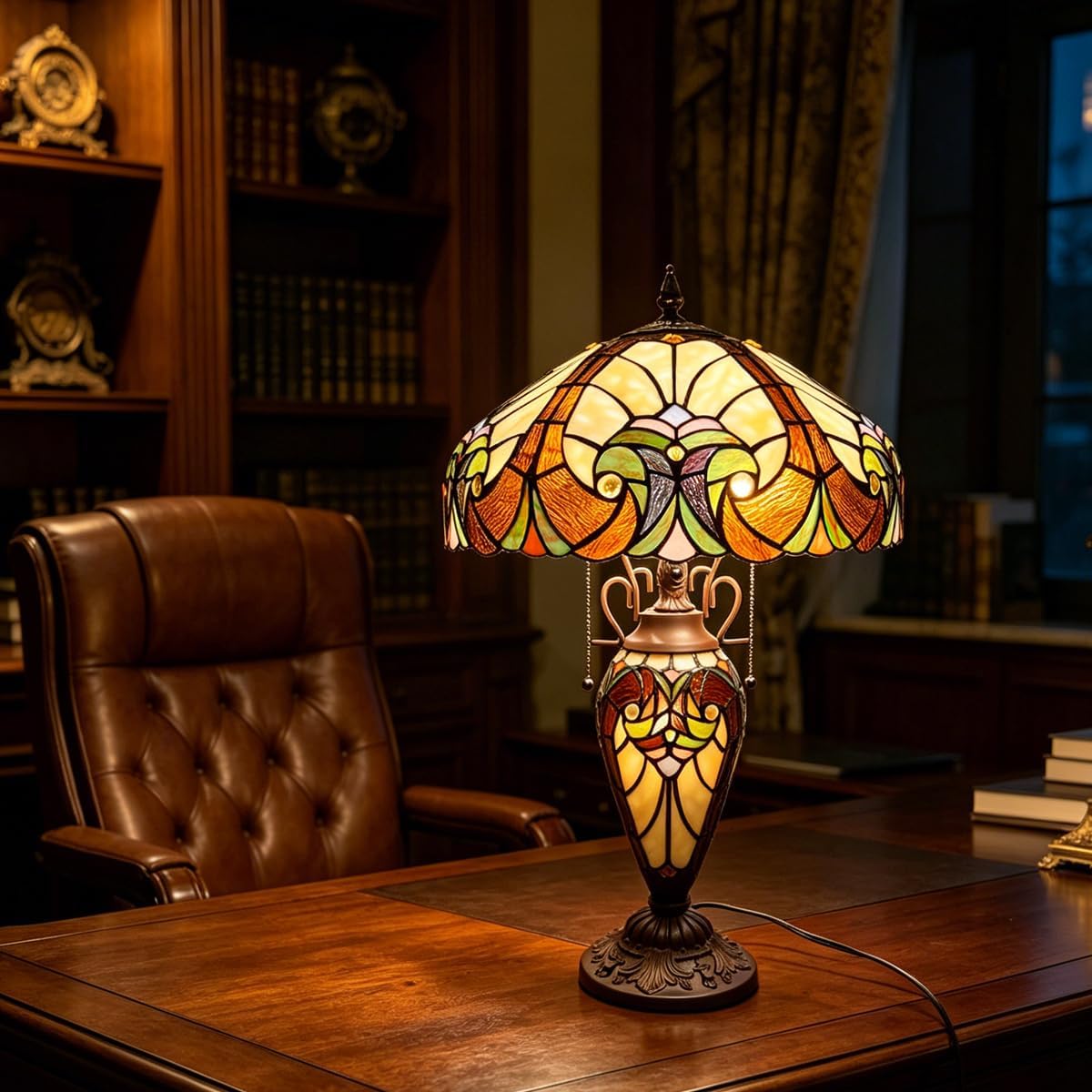 Tiffany Table Lamp Night Light 16' Wide Handmade Stained Glass Lamp Shade 3 Light Amber Cream Victorian Style Vintage Table Lamp for Home and Office