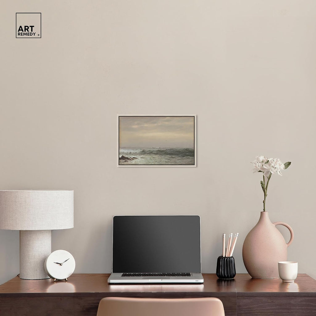 Art Remedy Rocks and Breaking Waves Canvas Coastal Classic Art, Silver Frame, 15' x 10'