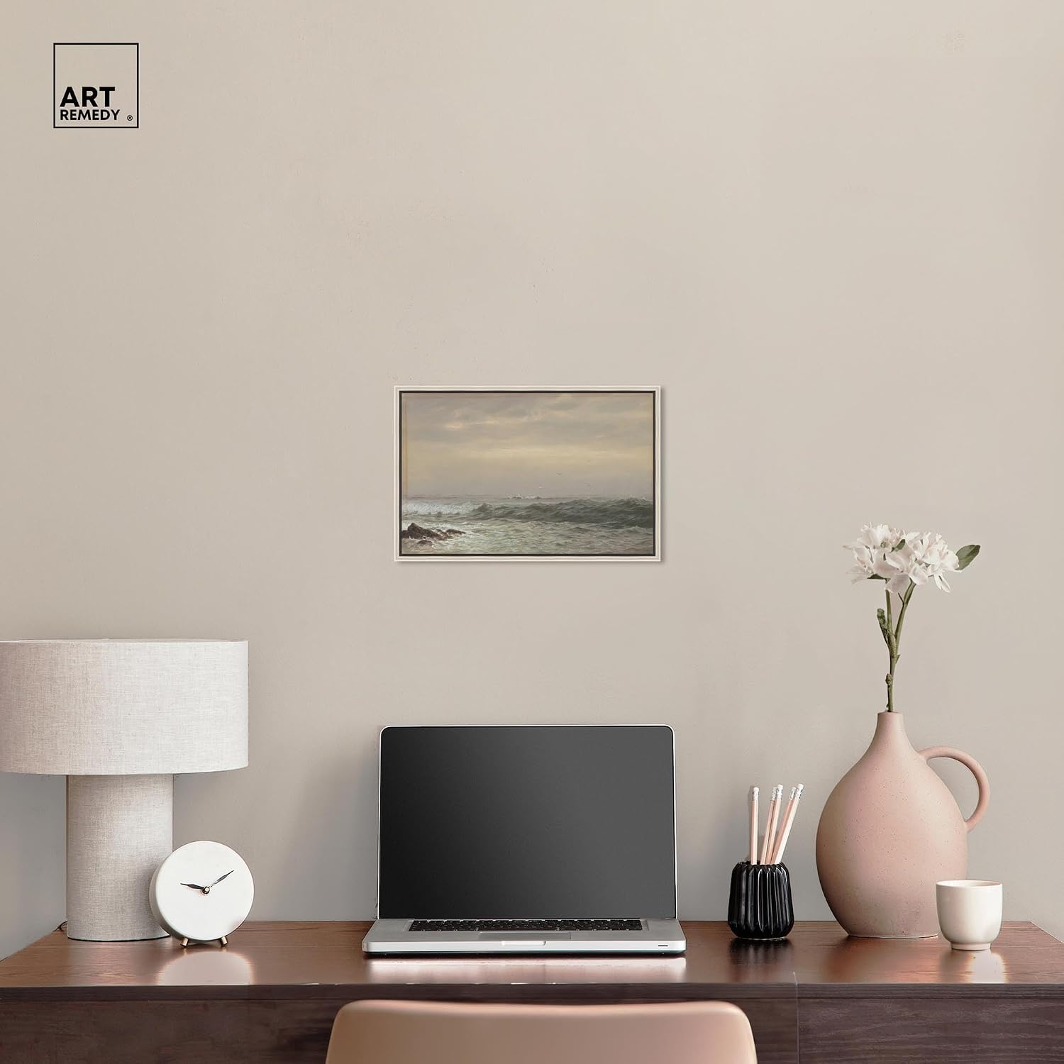 Art Remedy Rocks and Breaking Waves Canvas Coastal Classic Art, Silver Frame, 15' x 10'