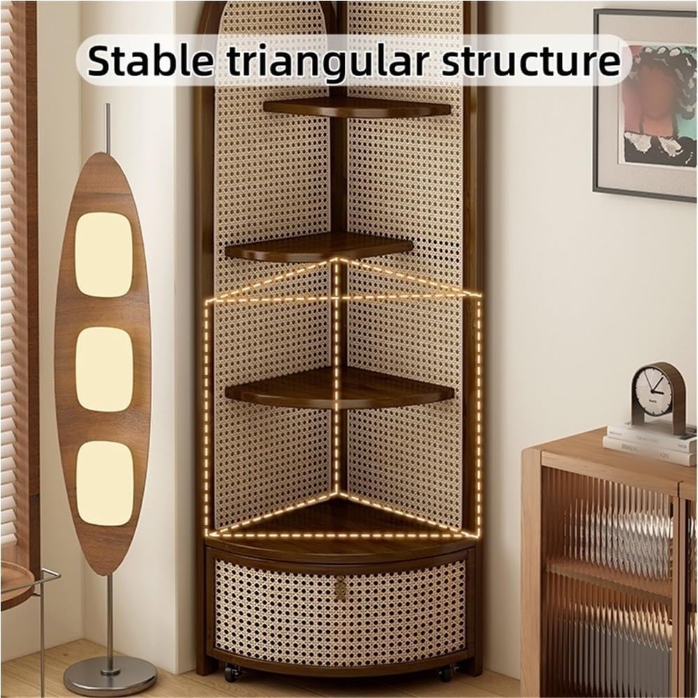 Multi-Functional Corner Shelf, Solid Wood Rattan Triangular Cabinet, 4-Tier Floor Standing Bookshelf for Living Room, Bedroom(Brown)