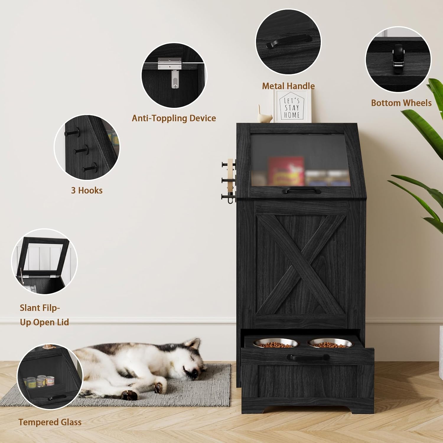 Dog Feeding Station with Storage,Wooden Pet Food Storage Cabinet,Equipped with 2 High Footed Bowls and 3 Hooks,Top Glass Flip Cover,Anti Tipping Device (Dog Feeding Station-Black)