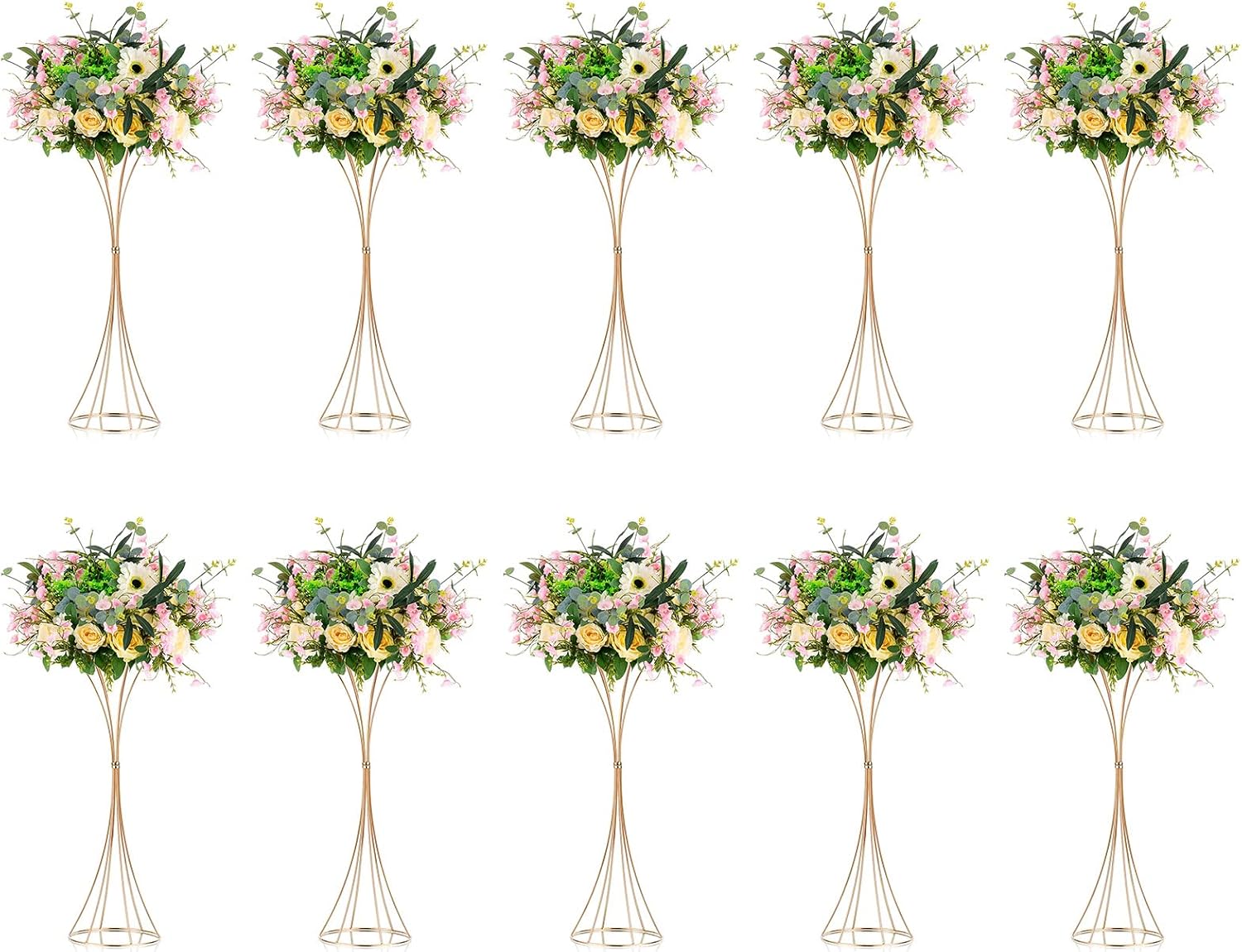 NUPTIO 10 Pcs Gold Trumpet Vase 26in Tall Metal Vase, Wedding Centerpieces for Tables, Artificial Arrangement Flower Stand for Anniversary Party Birthday Event Aisle Home Reception Decor