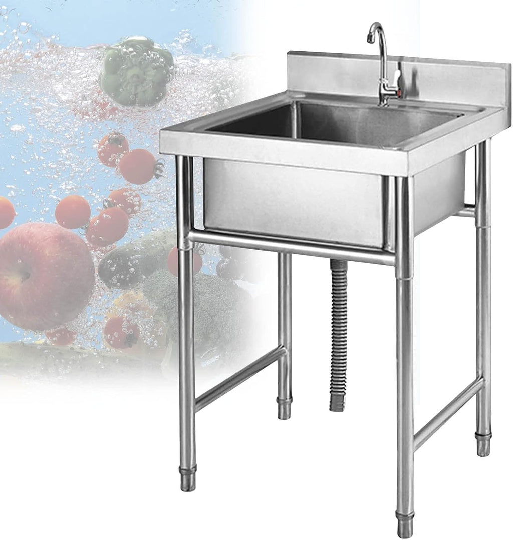 Commercial Restaurant Sink 304 Stainless Steel Sink Kitchen Bar Free-Standing Single Bowl Sink for Prep Utility Washing Hand Basin Laundry Outdoor Protable