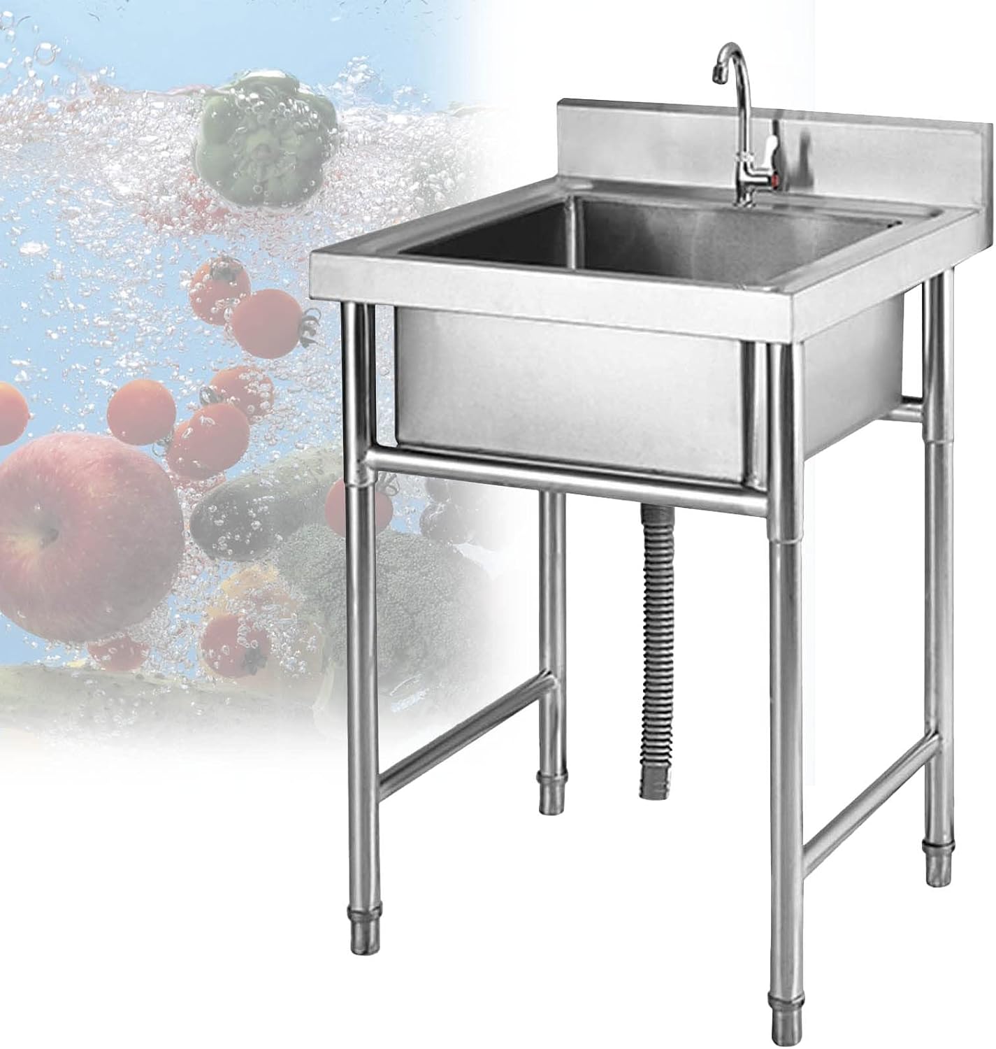 Commercial Restaurant Sink 304 Stainless Steel Sink Kitchen Bar Free-Standing Single Bowl Sink for Prep Utility Washing Hand Basin Laundry Outdoor Protable